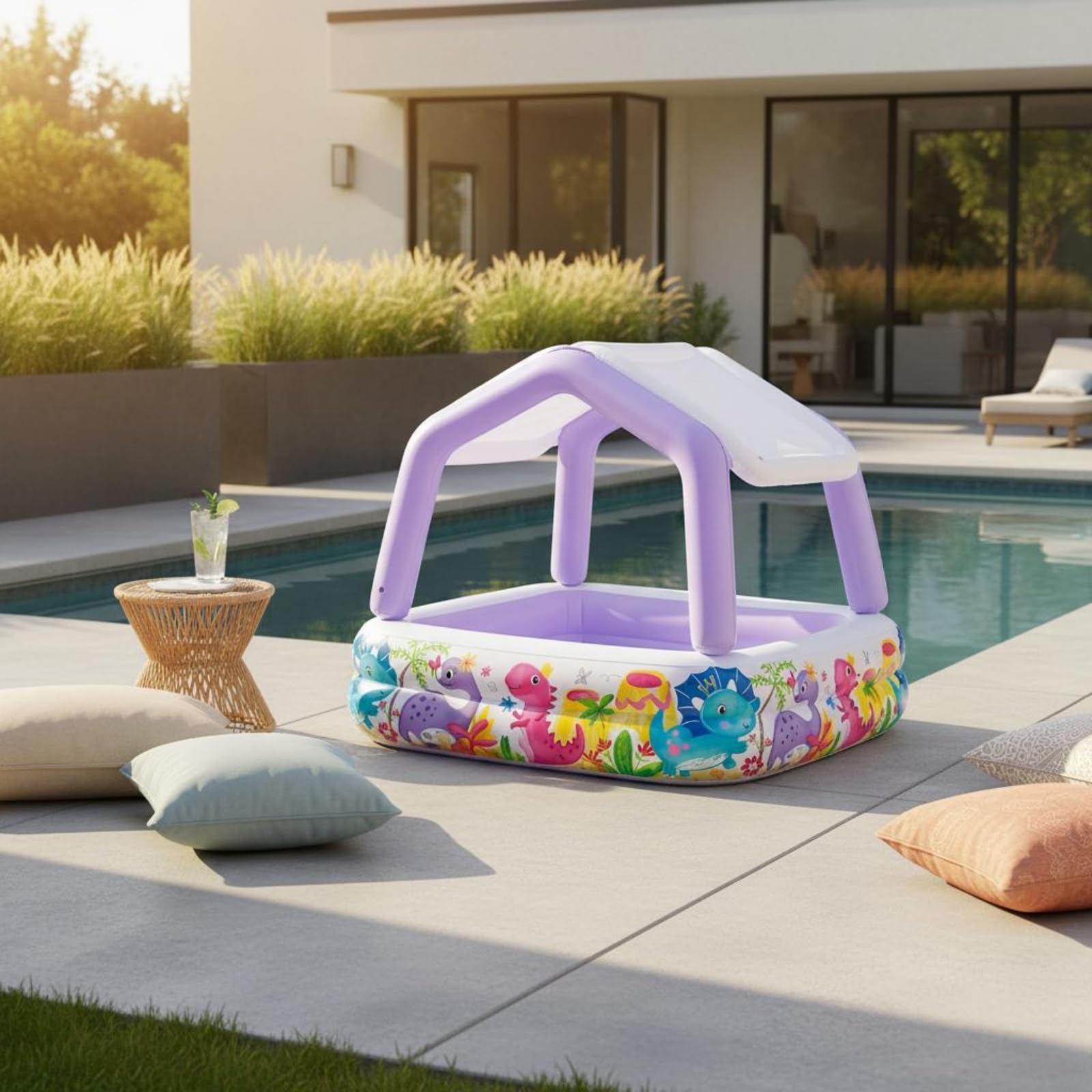 Kinderpool Schwimmbecken Aufblasbares Planschbecken mit Schutzdach Leichtes PVC Material für Kinder für Hinterhof Poolbereich Garten