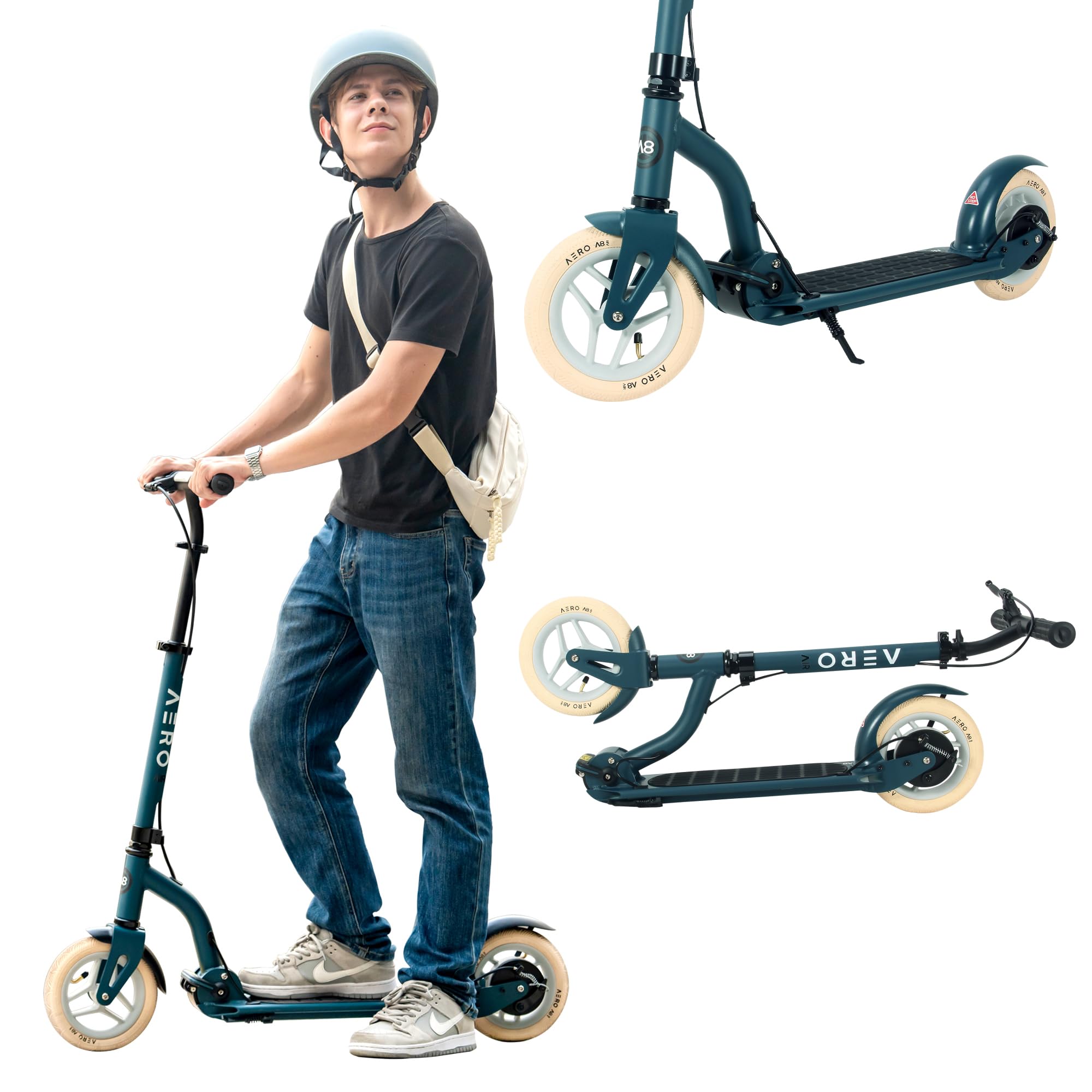 Aero Big Wheels Kick Scooter for Kids 6+, Teens & Adults | Light Up Wheels, Hand Brake, Rubber Deck Mat & Shock Absorption | Foldable & Height