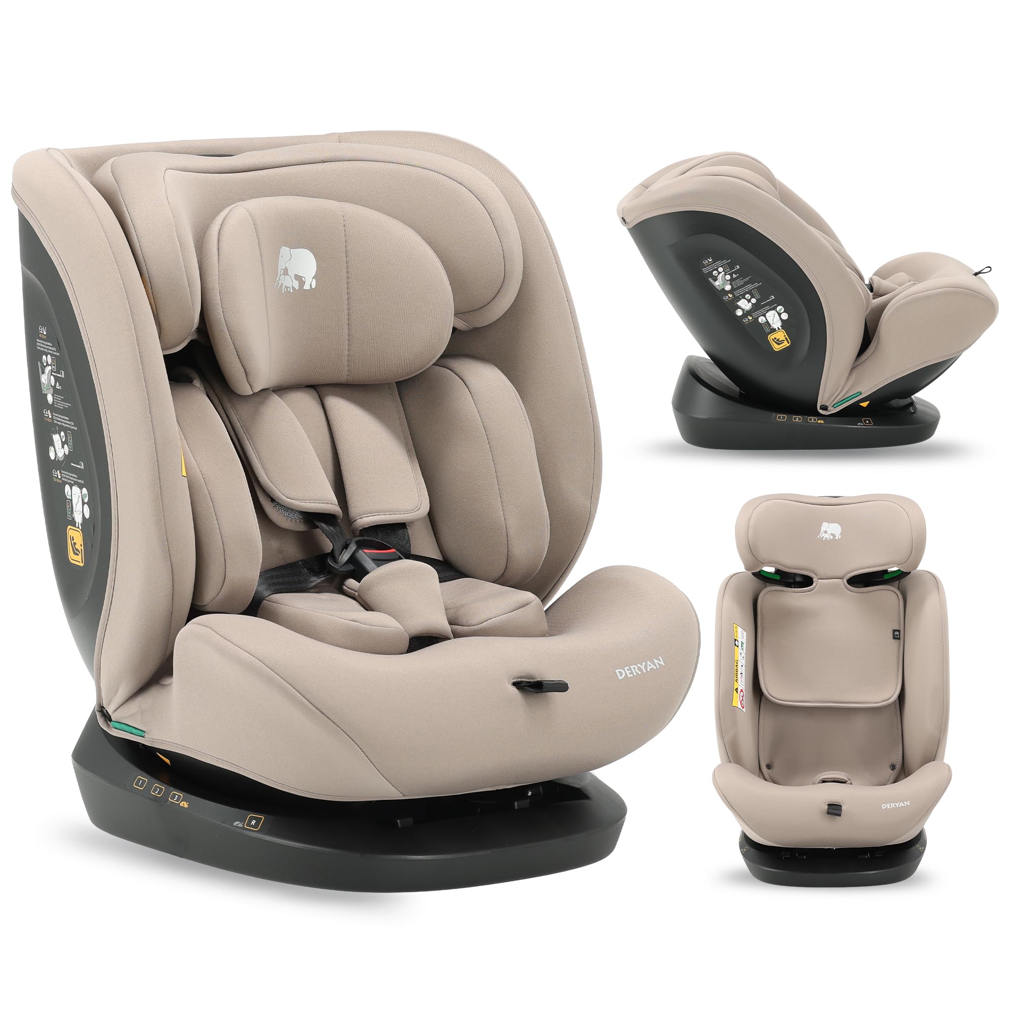 Deryan Clyde i-Size Kindersitz 40–150 cm, Gruppe 0+/1/2/3 (0 bis 12 Jahre), Autokindersitz mit Gurtbefestigung, Seitenaufprallschutz, Verstellbare Kopfstütze, Abnehmbarer Bezug - Nougat