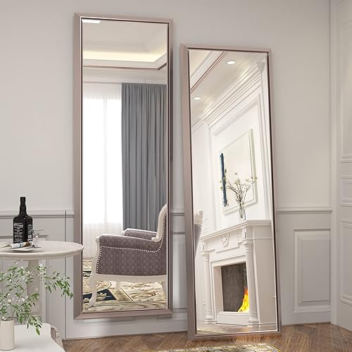 Espejo de pie de longitud completa de 65 x 22 pulgadas, espejo de cuerpo completo montado en la pared morado plateado con marco de aleación de