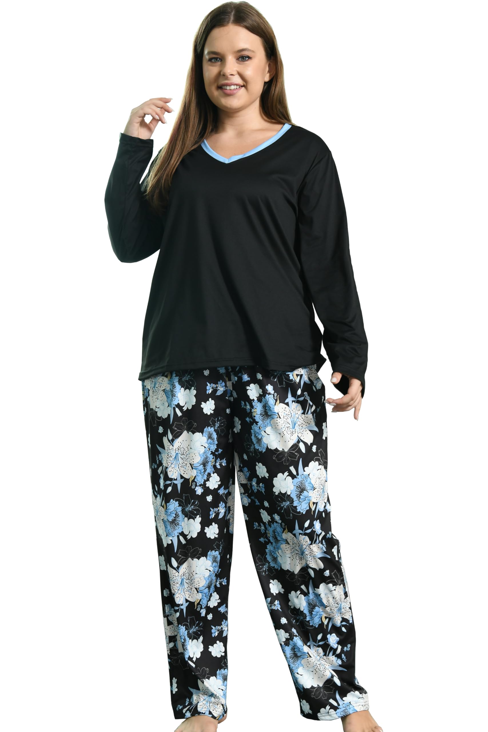 Vozanet Women Plus Size Pajama Sets Sexy V Neck Long Sleeve Long Pants Sleepwear Elegant Floral Pattern Jammies