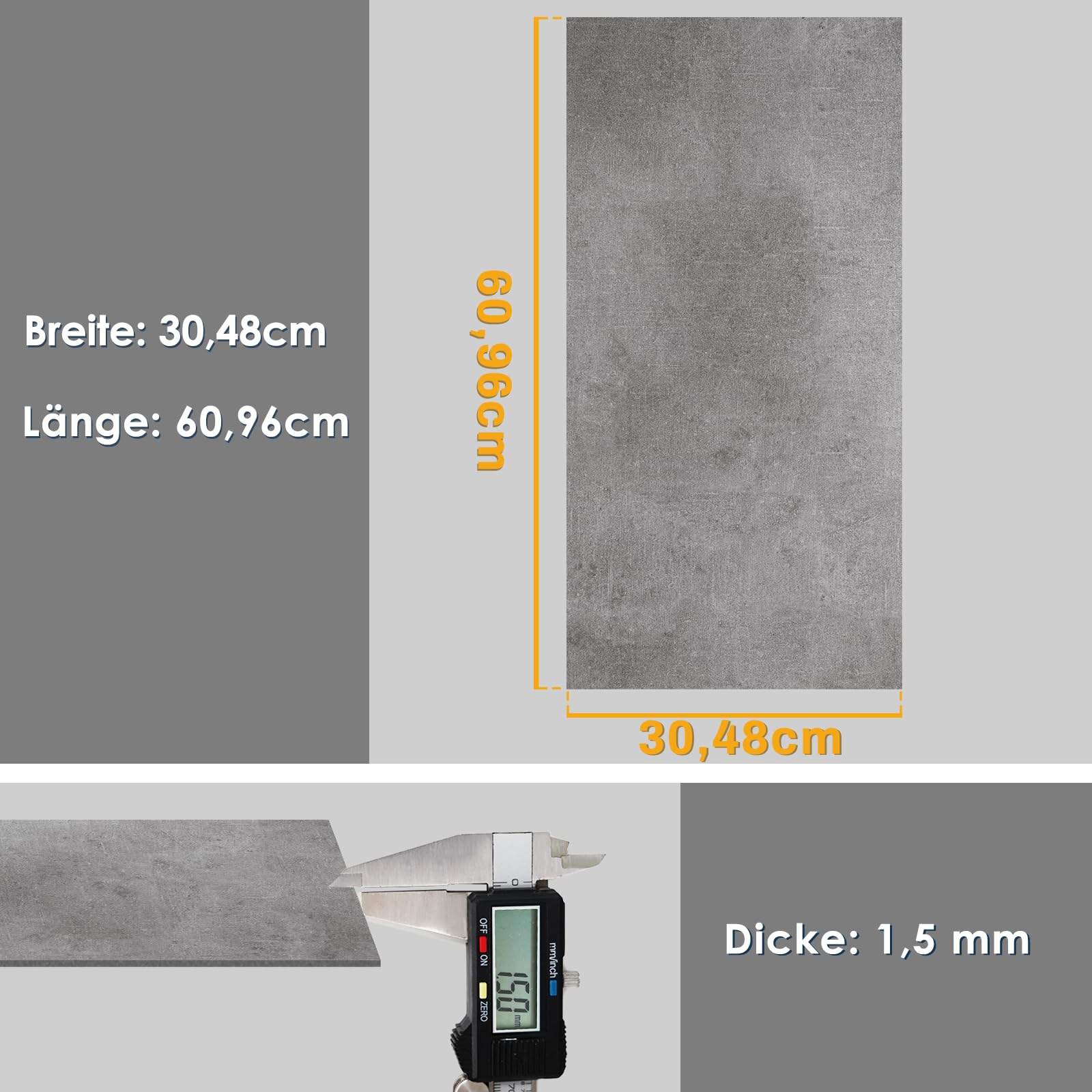 Mulgreat - PVC Bodenbelag Galena - Selbstklebende Vinyl-Fliesen - Vinylboden - Betoneffekt - Grau- 60,96 cm x 30,48 cm x 1,5 mm - Dicke 1,5 mm - 2.23m² / 12 Fliesen