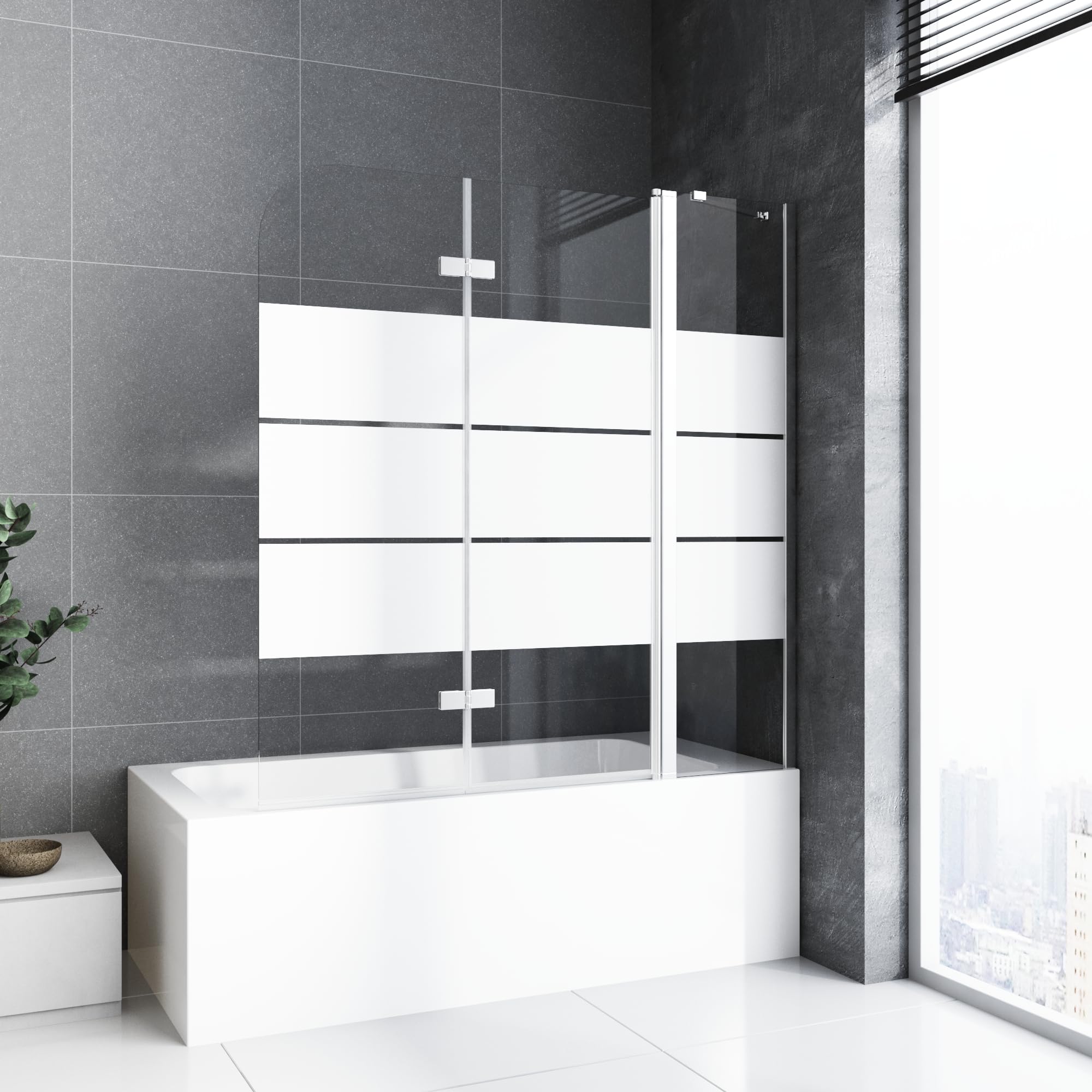 Duschwand für Badewanne mit Stabilisator und Festteil 2 teilig faltbar 160 x 140 cm Gestreift Badewannenfaltwand Duschtrennwand 6mm Nano Glas Duschabtrennung Badewanne