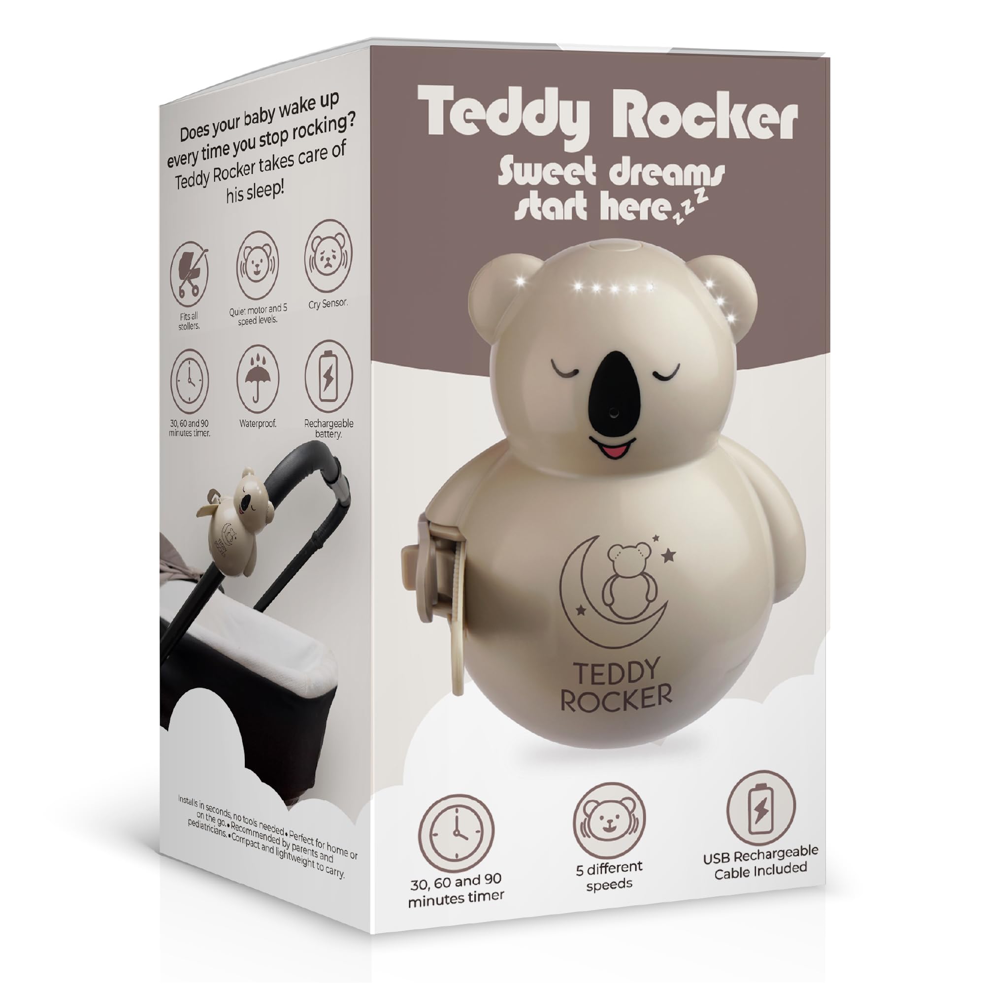 Baby Rocker, Mecedora Automática para Cochecito o Cuna, Bebés hasta 3 años, Portátil, Sensor de Llanto, 5 Velocidades, Temporizador, Batería Recargable USB
