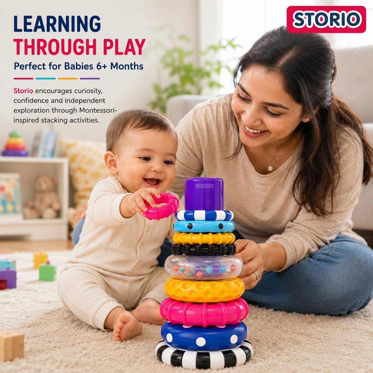 Storio Stacks of Circles Stacking Ring Toy for Babies 6+ Months | 9-Piece Multi-Color STEM Learning | Educational Baby Toy for Fine Motor Skills | Textured Rings with Sound Beads | Montessori Learning — Amazon image 2