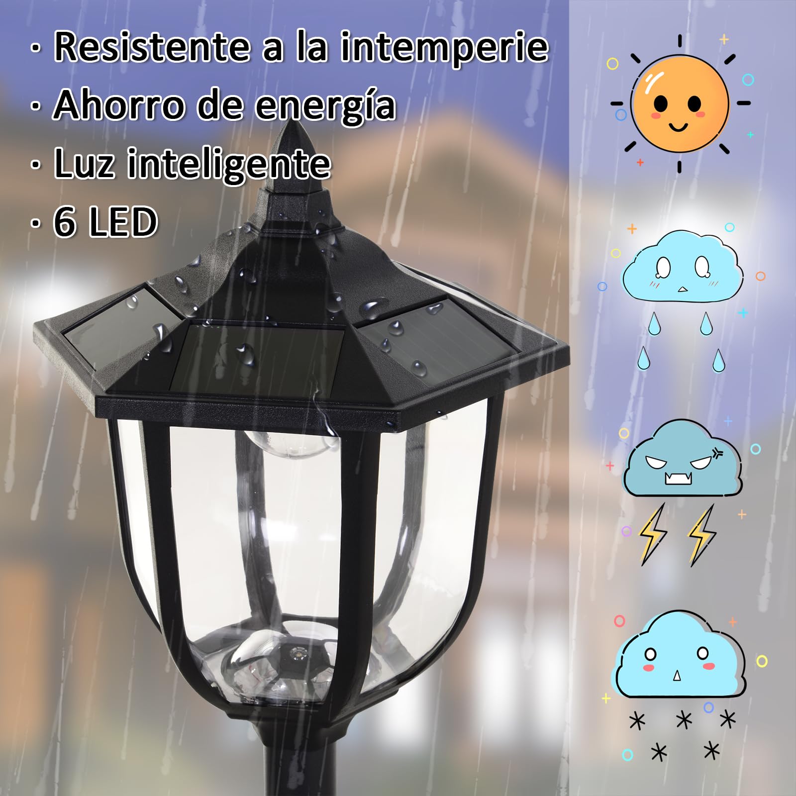 Outsunny Conjunto de 2 Farolas Solares con Panel Ø26,5x177 cm Negro | Luces de Solar para Jardín, Encendido Automático, Protección al Ambiente, 6 Luces LED, para Terraza Patio