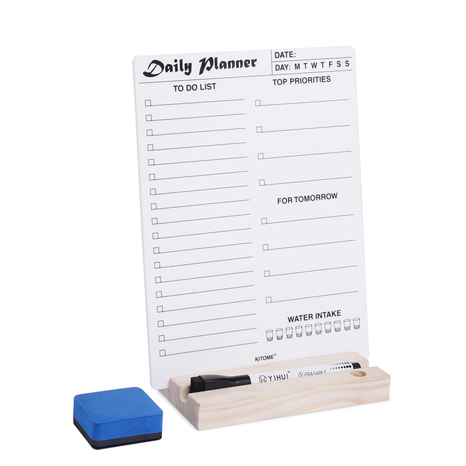 to Do List Planner, Acrylic Daily Planner Dry Erase Board for Desk (24X18 Cm), Double Sided Daily Planner Organizer with Wooden Base, 1 Marker & Duster.