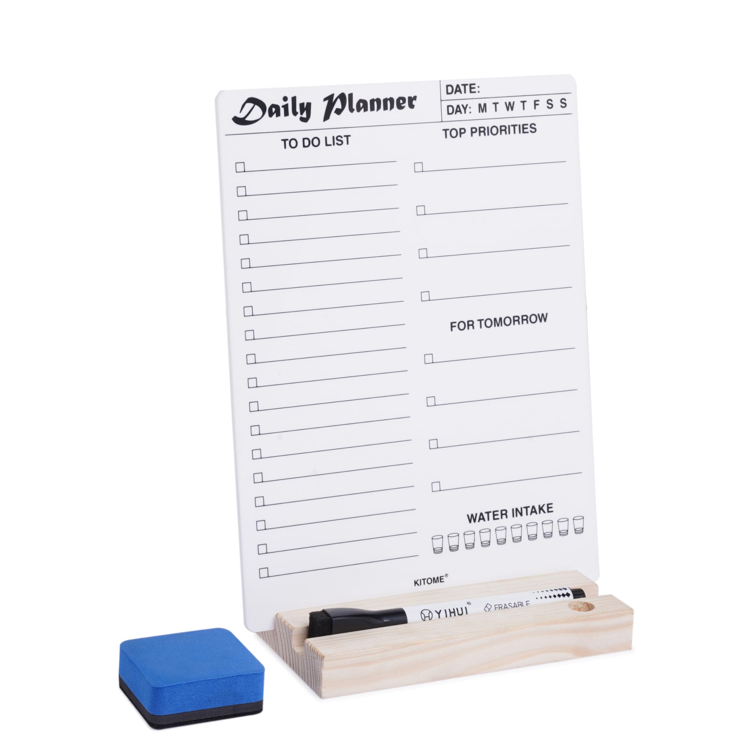 KITOME to Do List Planner, Acrylic Daily Planner Dry Erase Board for Desk (24X18 Cm), Double Sided Daily Planner Organizer with Wooden Base, 1 Marker & Duster.