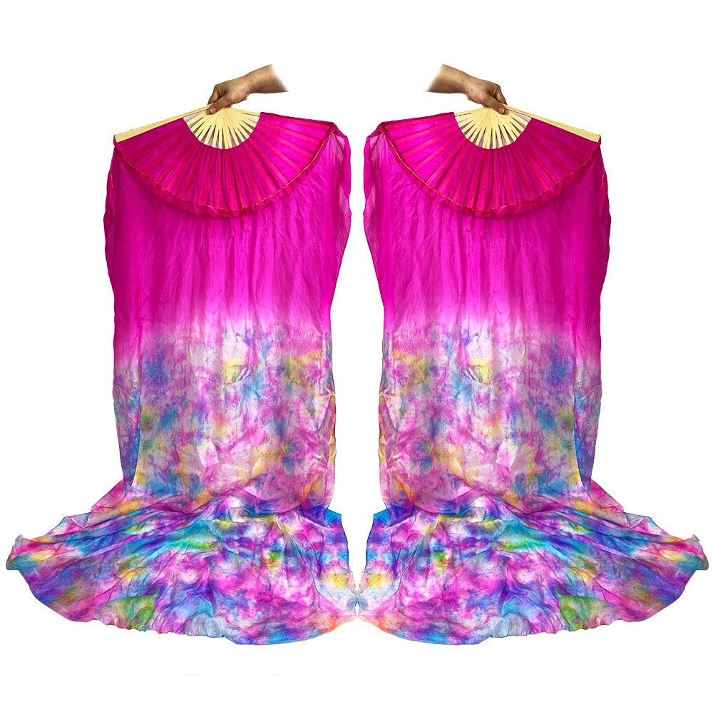 DEMON BABY2022 Professional Colorful Tie-Dyed Dance Fans Silk Bamboo Flame Belly Dancing Long Folding Fans Veils Performance (Multi-Color;1 Pair)