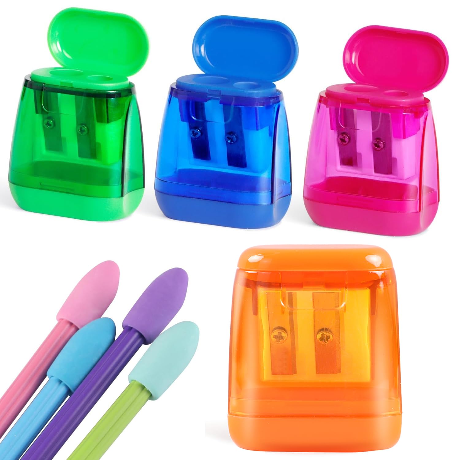 Pencil Sharpeners, Aipker Manual Sharpeners & Pencil Top Eraser Set for Colored Pencils, Colorful Protable Dual Holes Pencil Sharpener with Lid for Kids, Audlts, Artists, Classroom, School & Office