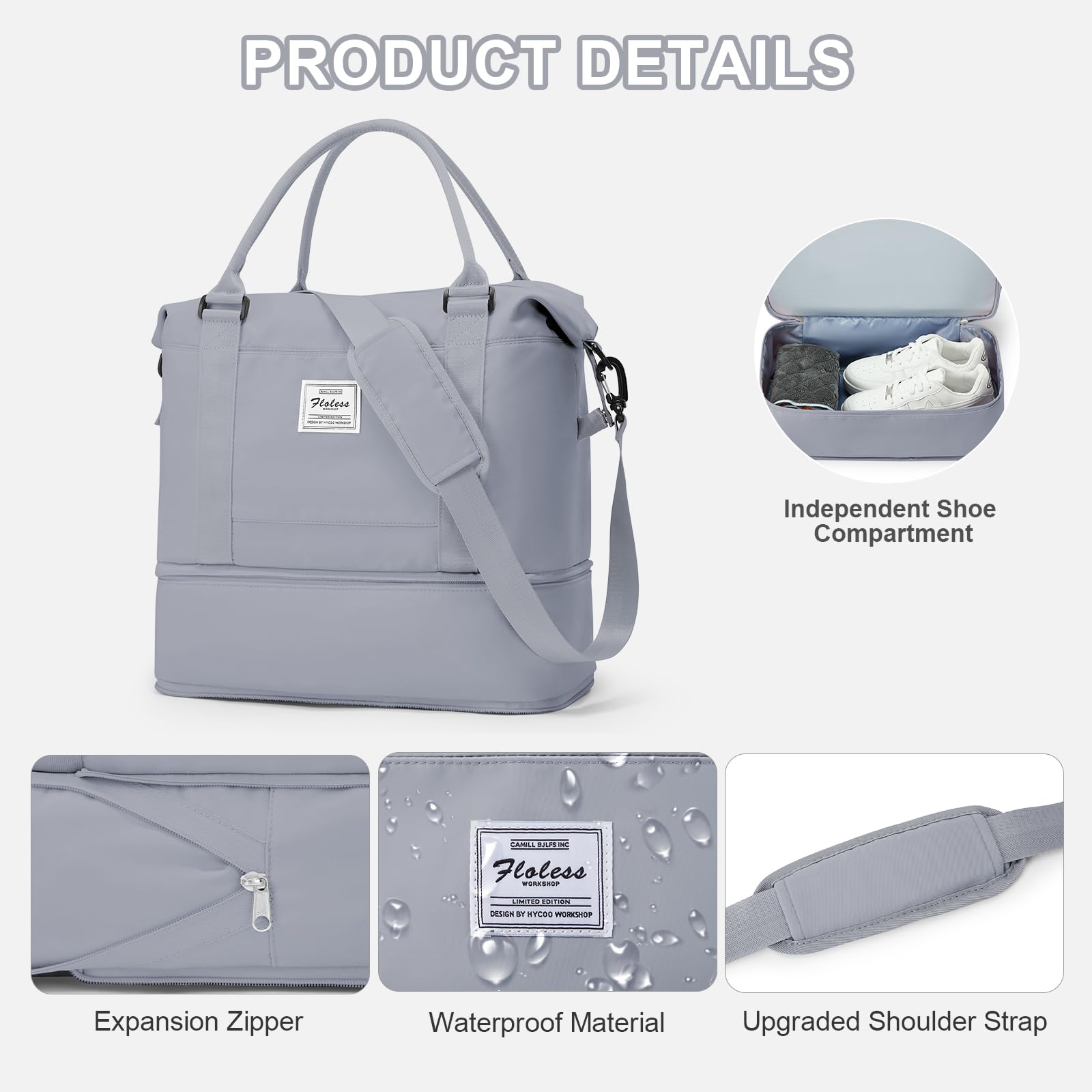WEPLAN Borsa da Viaggio Donna Borsa da Viaggio Aereo 40x20x25 Ryanair Bagaglio a Mano Borsa Sportiva Unisex Weekender con Scomparto per le Scarpe Borsone Palestra Donna Ospedale Impermeabile,Grigio