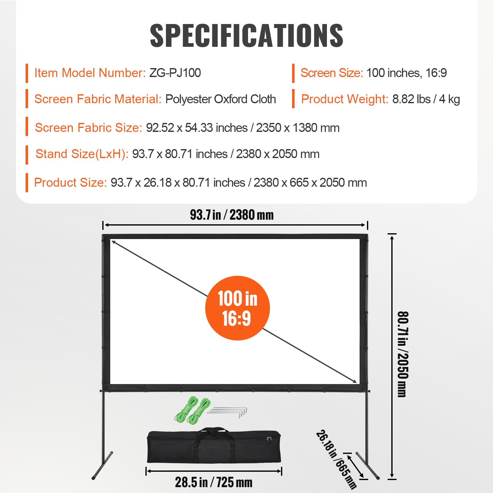 VEVOR Ekran projektora z podstawką, ekran projekcyjny 254.0 cm 16:9 4K 1080 HD, zewnętrzny ekran filmowy ze stojakiem, bez zagnieceń, ekran projekcyjny z nóżkami barowymi i torbą do przenoszenia, do