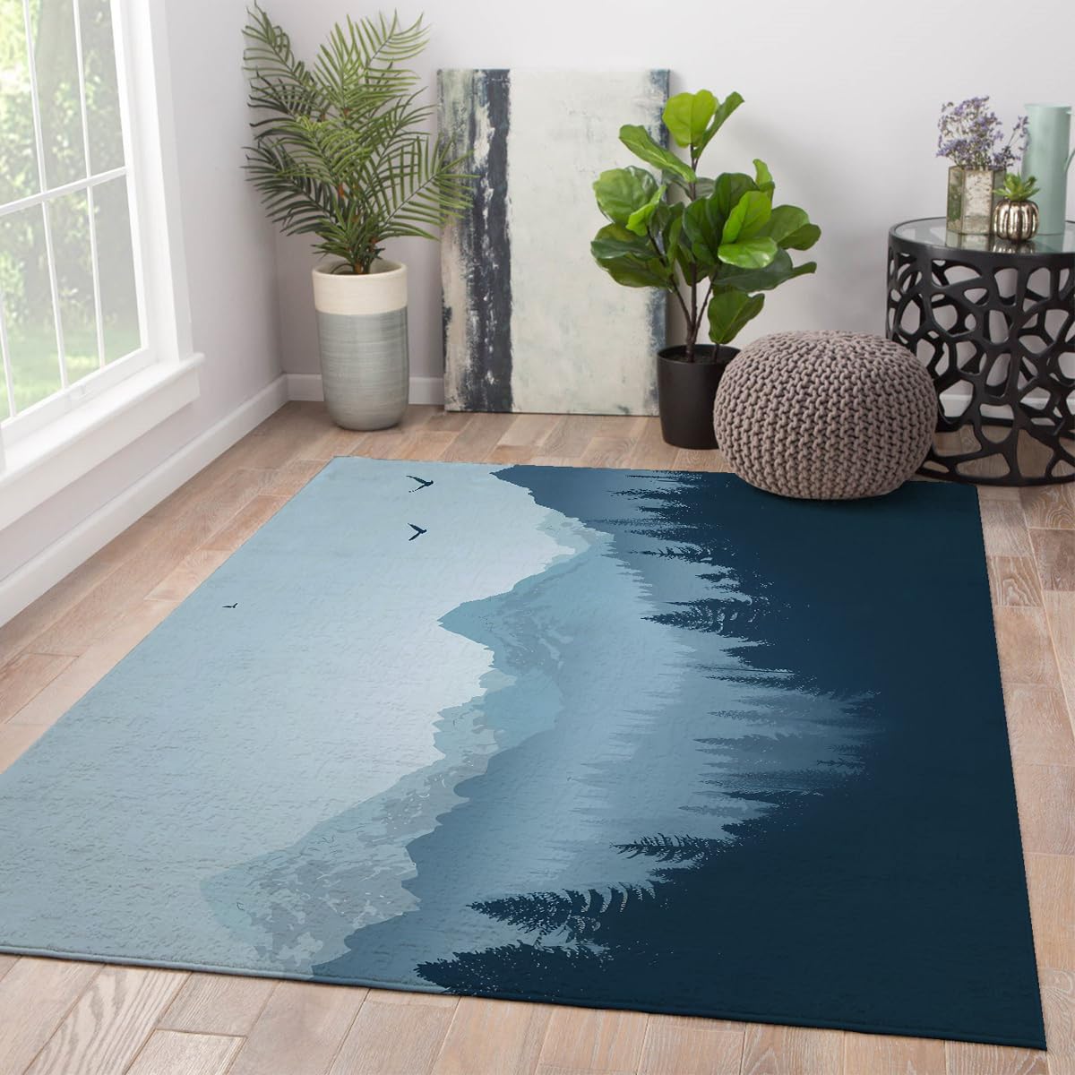 Dywaniki do salonu, zmywalny dywan 160 x 200 cm, miękki, granatowy, do wewnątrz, podłoga, niskie runo, minimalistyczny las i górskie szczyty, dywany do pokoju dziecięcego, biura