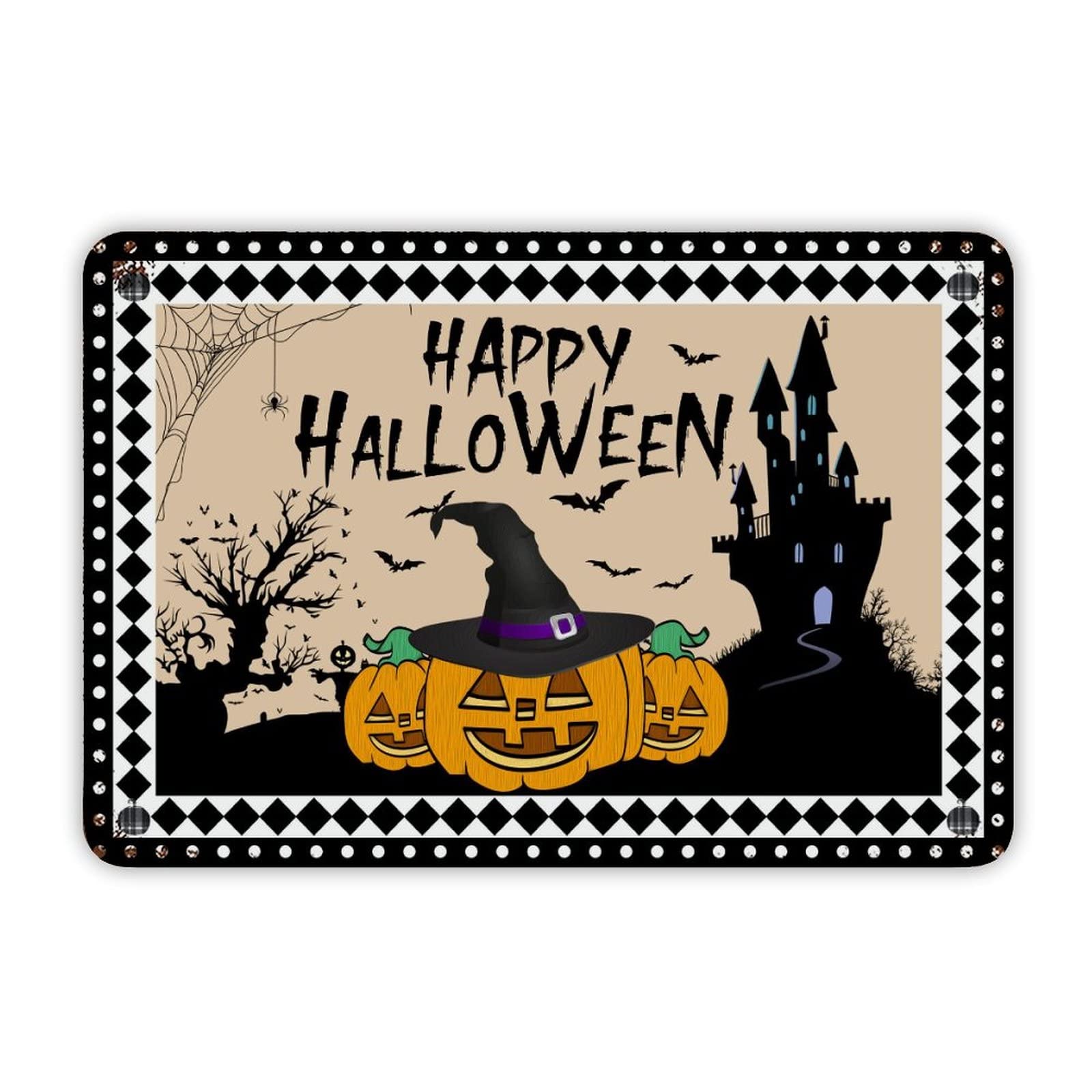 ENEDNATE Farmhouse Rustic Aluminum Sign Happy Halloween House Pumpkin Metal Sign Retro Aluminum Tin Sign for Kitchen Bedroom Living Room Wall Art Door Hanger Home Decor Sign 8x12 Inch