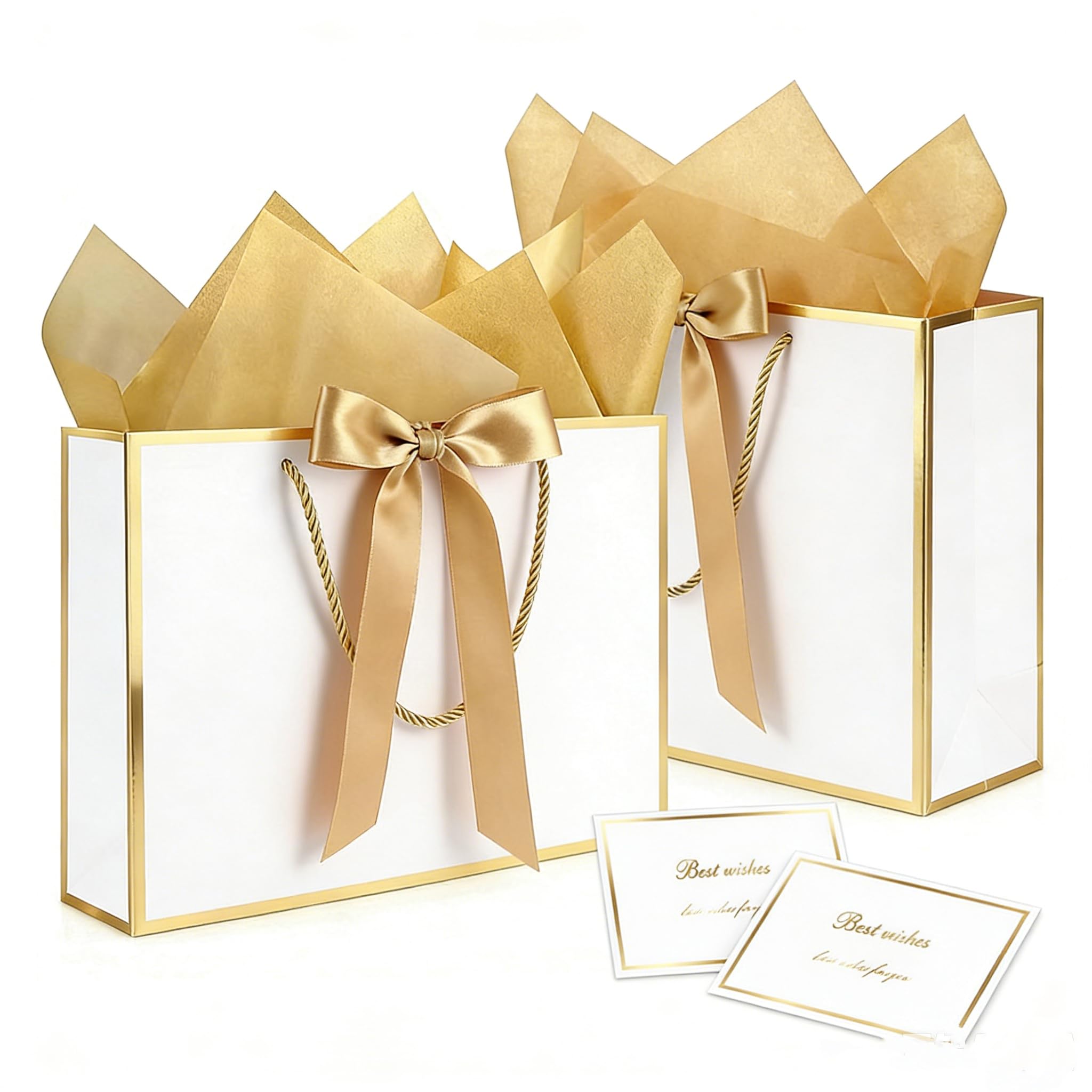 2PCS Gift Bags Set, 12.6×10×4 Inches Large Gift Wrap Bags with Handles 4 Tissue Paper 2 Ribbon 2 Greeting Cards, Cute Present Bag for Wedding Birthday Engagement Party Favor (White and Gold)