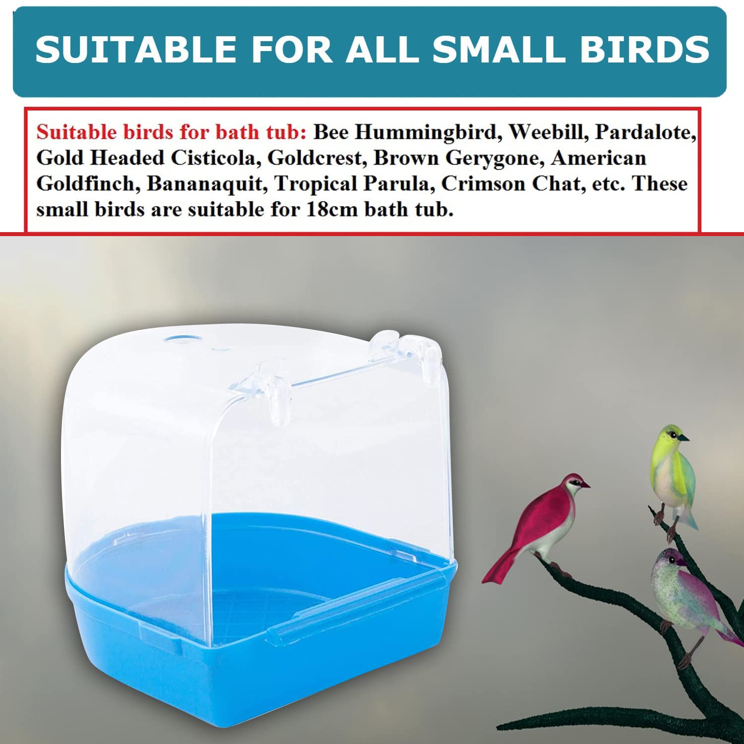 Western Era Bird Bath Tub Hanging Covered Durable & Non-Toxic - Birdcage Outside Bathing Tub for Small Brids Budgerigar Canary Parrots - Bird Cage Accessories (Blue) 3