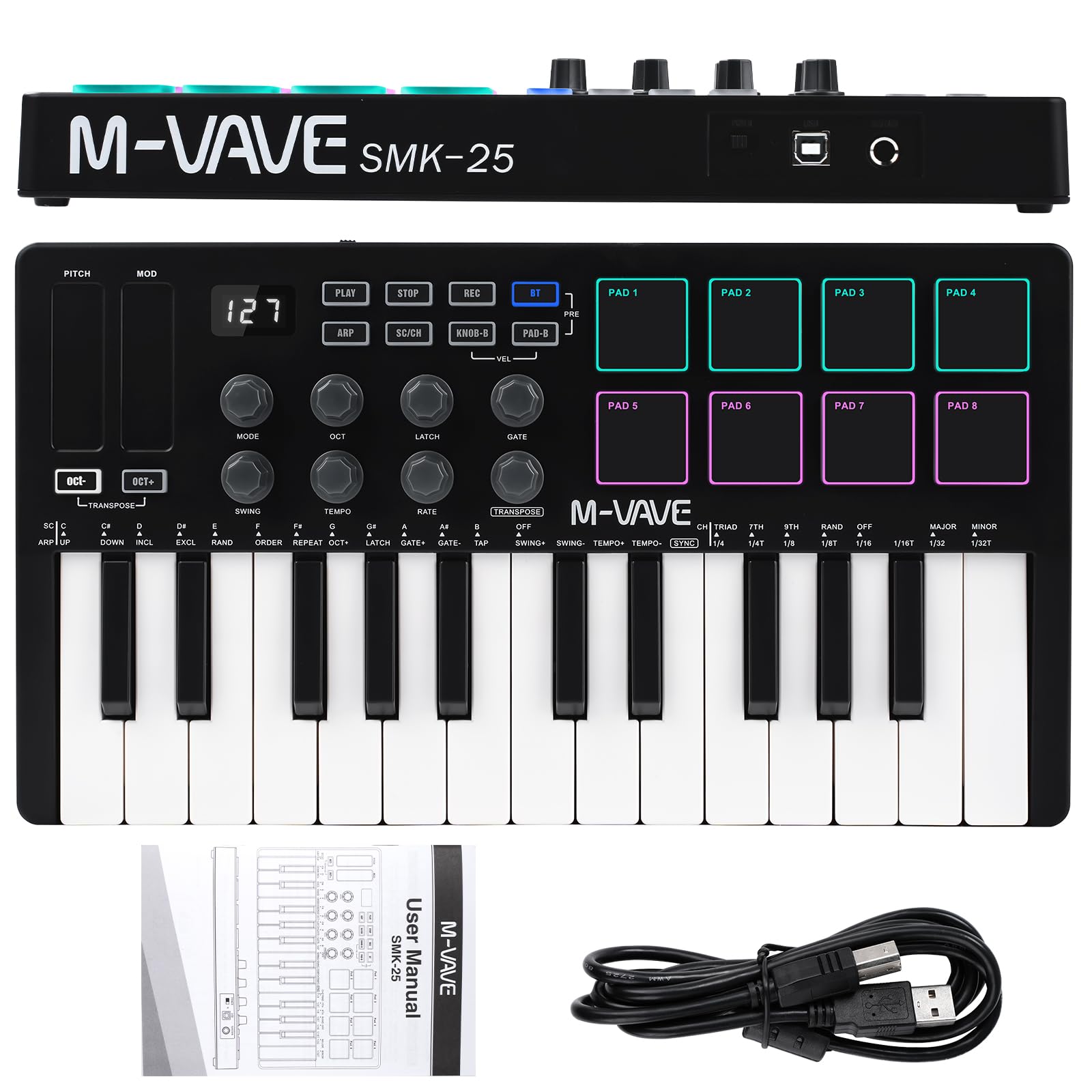 Teclado Controlador Midi, M-VAVE 25 Teclas Táctiles Musik-Arranger Keyboard Mini Midi Electronic Controller Pad SMK-25 Negro y Blanco, Batería Incorporada