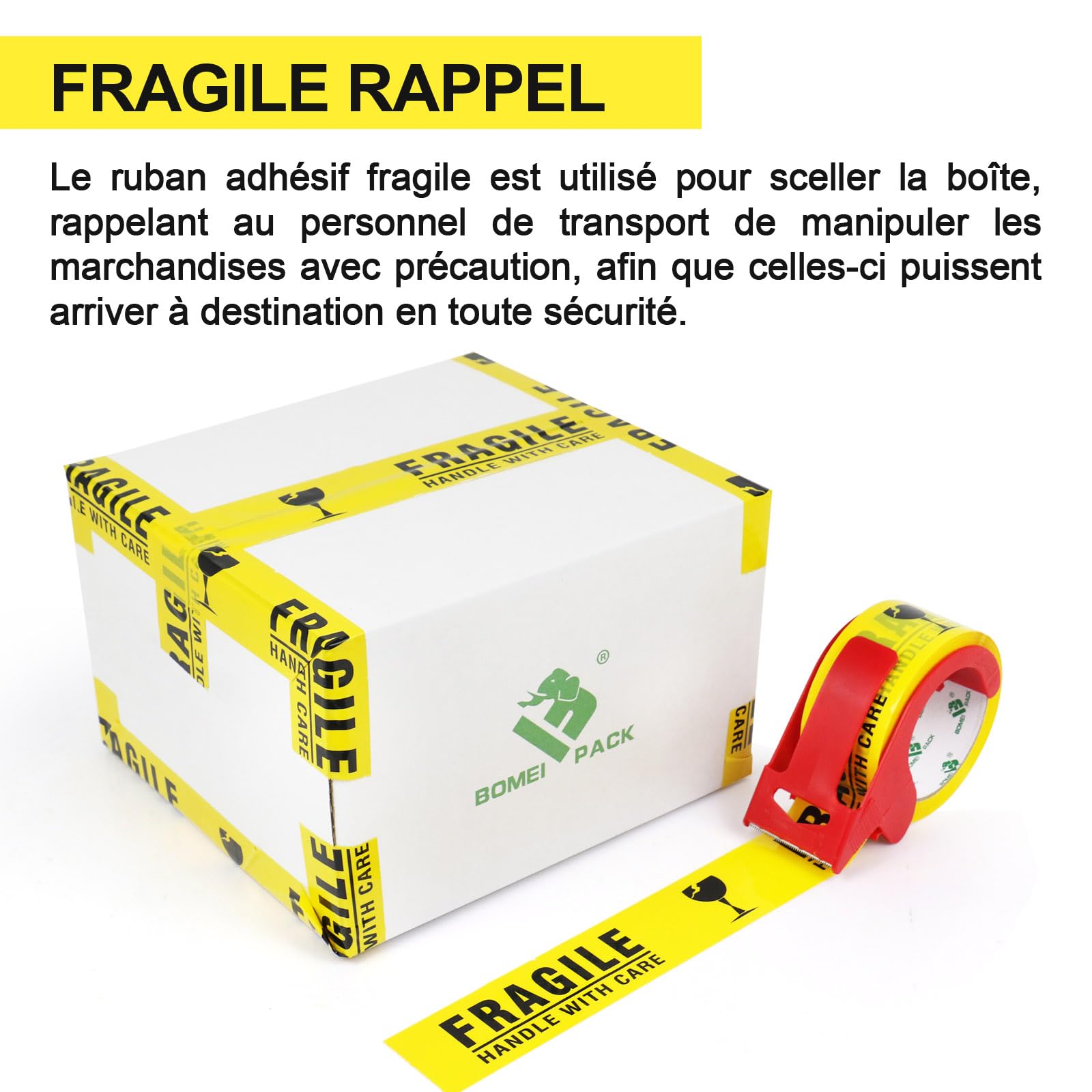 BOMEI PACK FRAGILE Jaune Ruban d’emballage sécurité 66m x 48mm–6 rouleaux avec dévidoir Adhésif fort pour colis, entrepôt, e-commerce