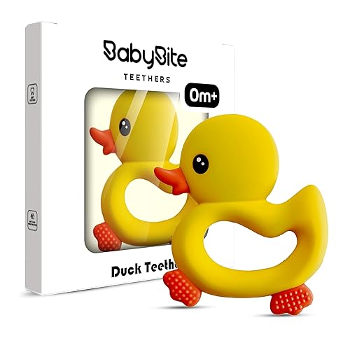BabyBite Juguetes de dentición para bebés, lindo mordedor de pato para juegos sensoriales y de desarrollo para bebés y niños pequeños, 100% silicona