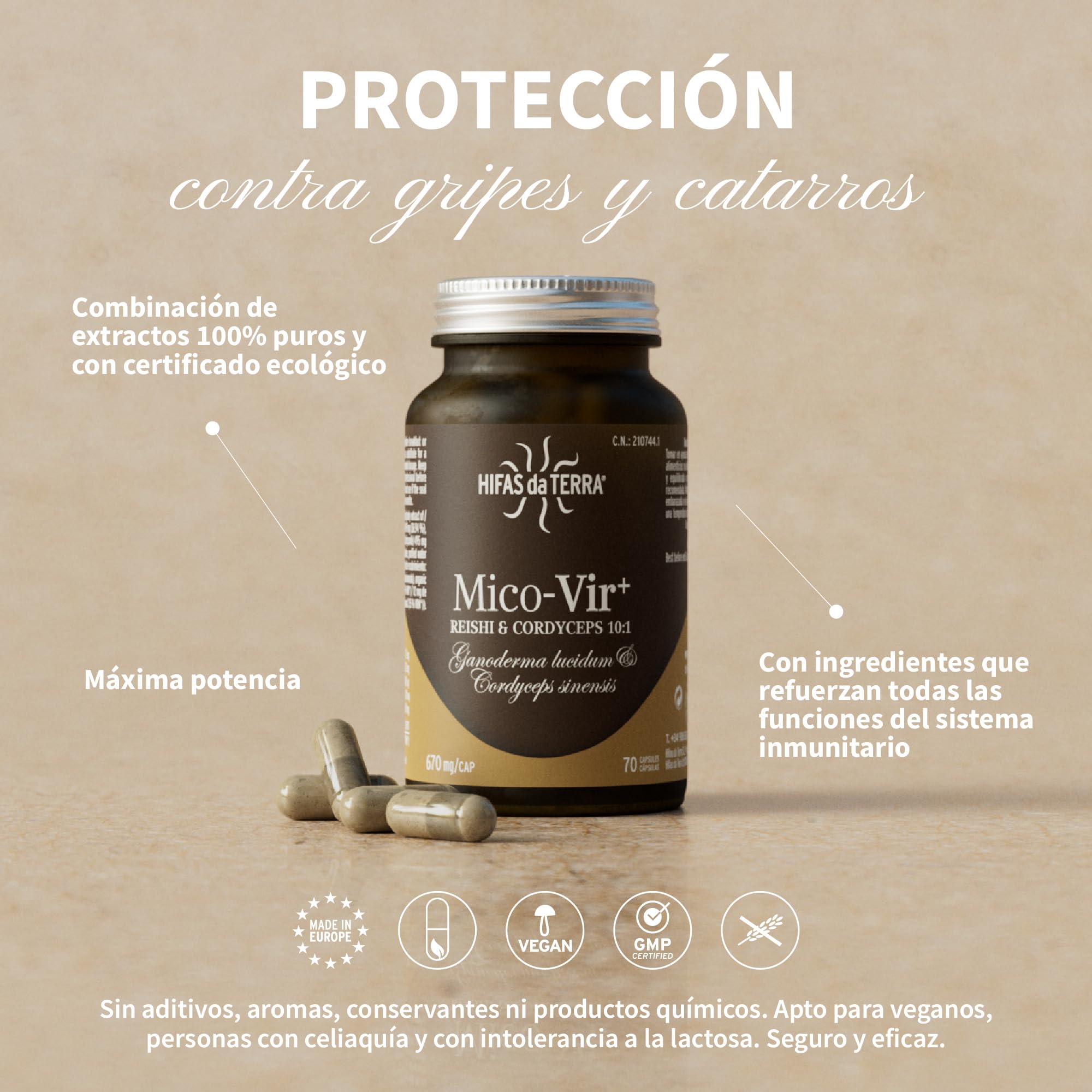 HIFAS DA TERRA - Mico-Vir+ Extractos Puros de Reishi y Cordyceps con Vitamina C - Refuerzo inmunitario natural, energía y recuperación - Extracto de Hongos - Refill 60 Cápsulas