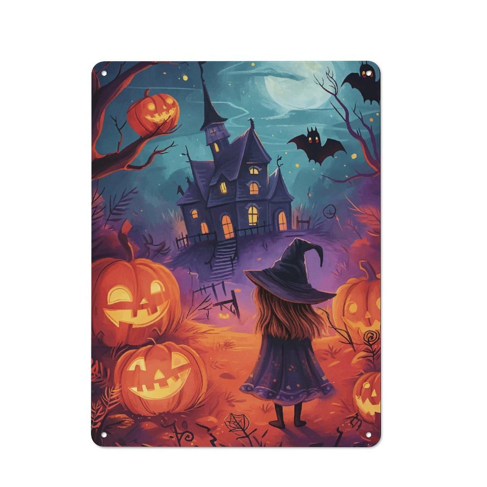 Junmoney Halloween Witch And Haunted House Tin Sign 40X30cm, Vintage Pub Wall Decor For Bar, Kitchen, Garage Or Games Room, Small Accent For Blank Walls