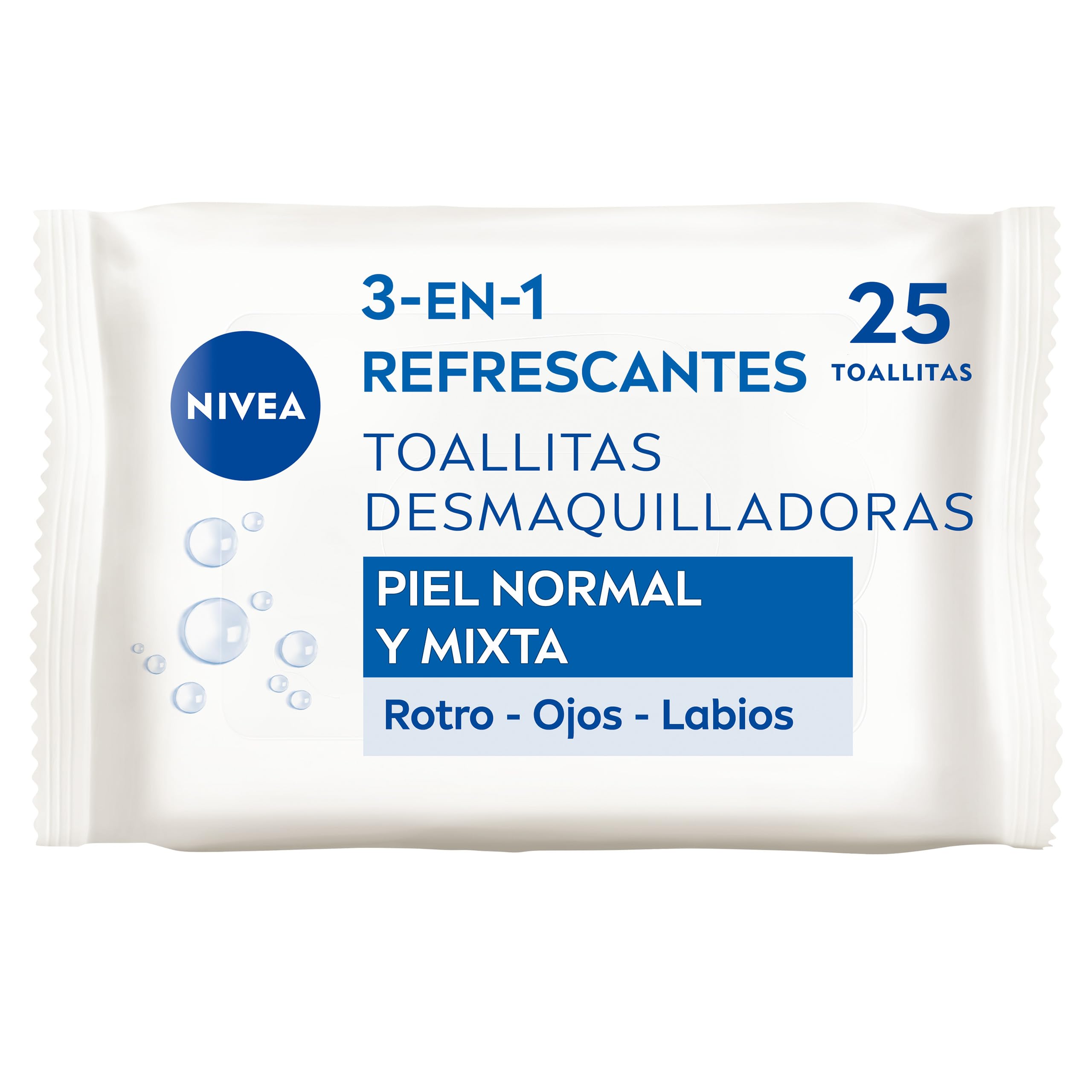 NIVEA Toallitas Desmaquilladoras Refrescantes (1 x 25 ud), toallitas desmaquillantes para piel normal y mixta, toallitas húmedas para rostro, ojos, labios y cuello