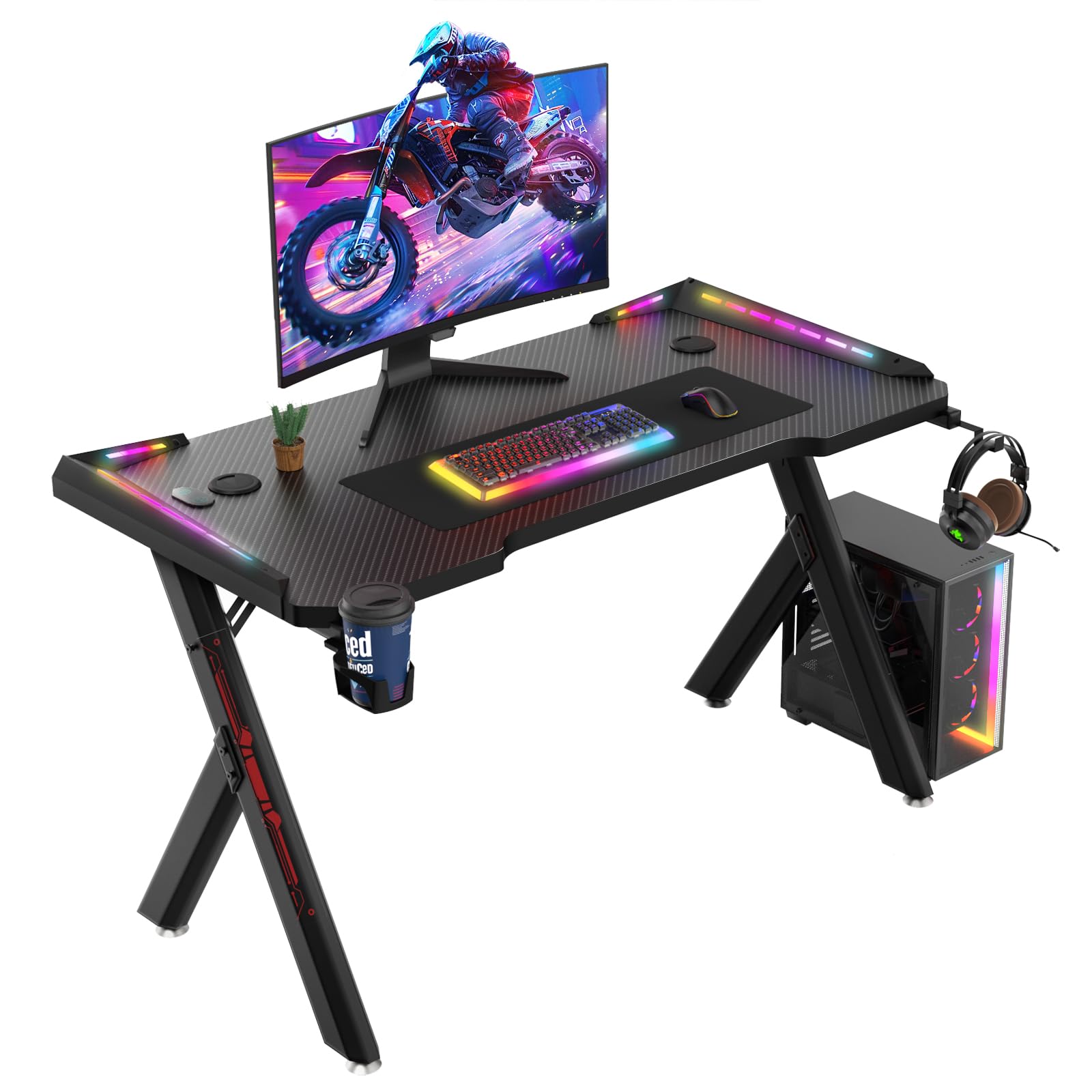 bigzzia Gaming Desk RGB Lighting Home Office Desk Ergonomic Gamer Workstation, Carbon Fibre Surface, Cup Holder and Headphone Hook, 120 * 60 * 72cm