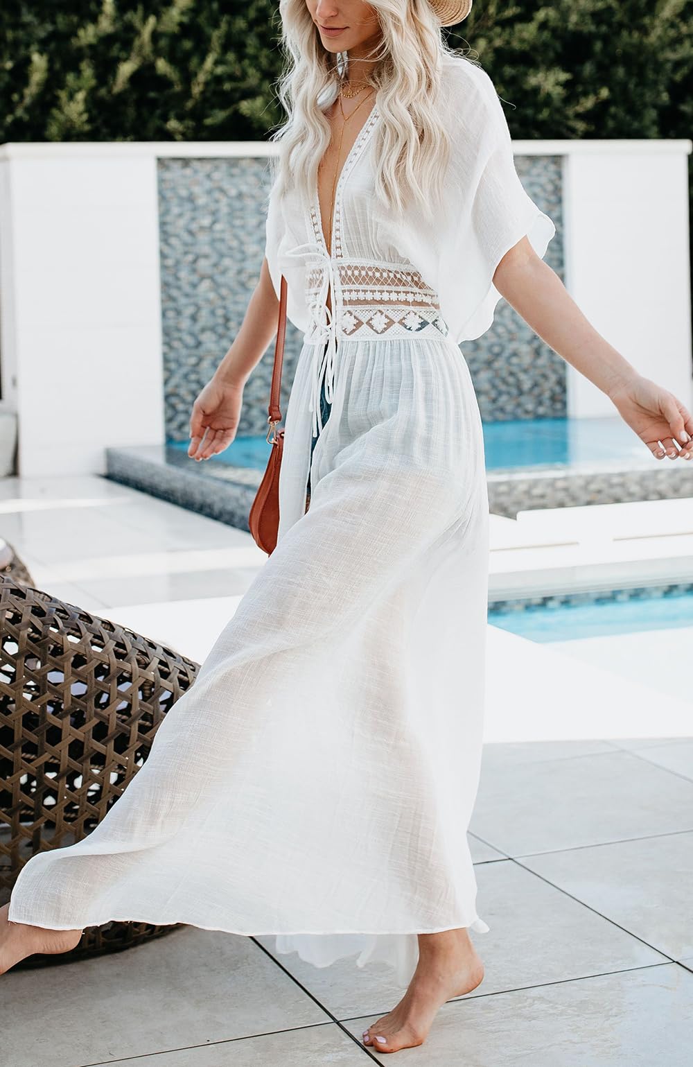 LikeJump Damski kwiatowy koronkowy kaftan boho okrycie bikini maxi sukienka kostium kąpielowy kimono