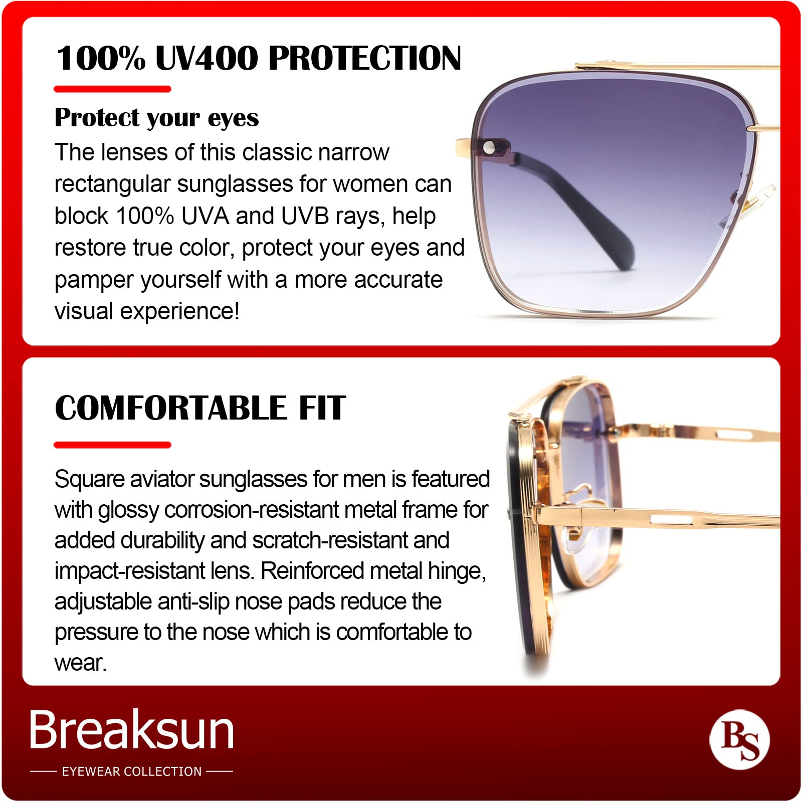 Breaksun Übergroße quadratische Piloten-Sonnenbrille für Damen und Herren, Metallrahmen, getönte Gläser