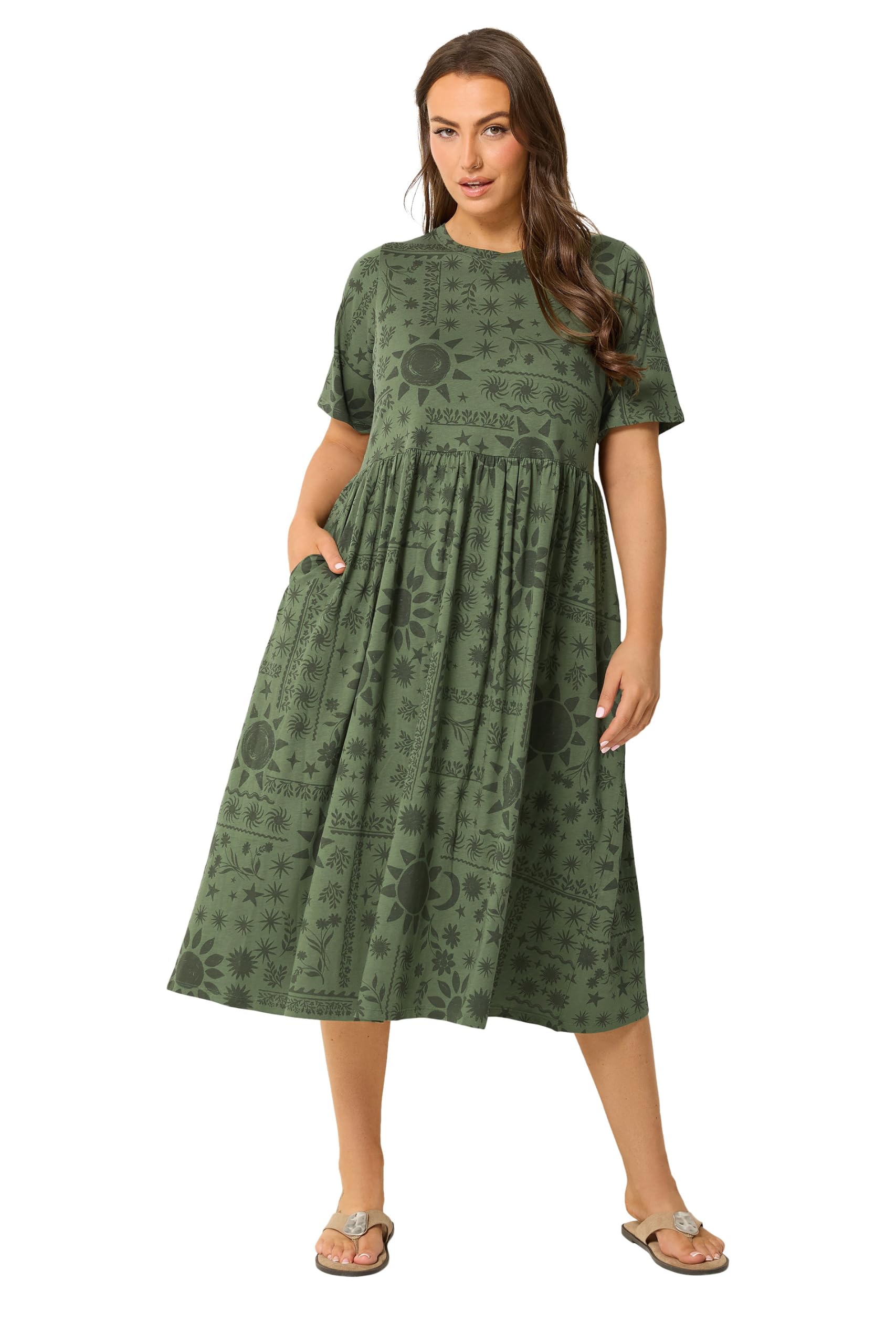 Yours Women's Olive Printed Throw On Smock Dress In | Size: 26/28