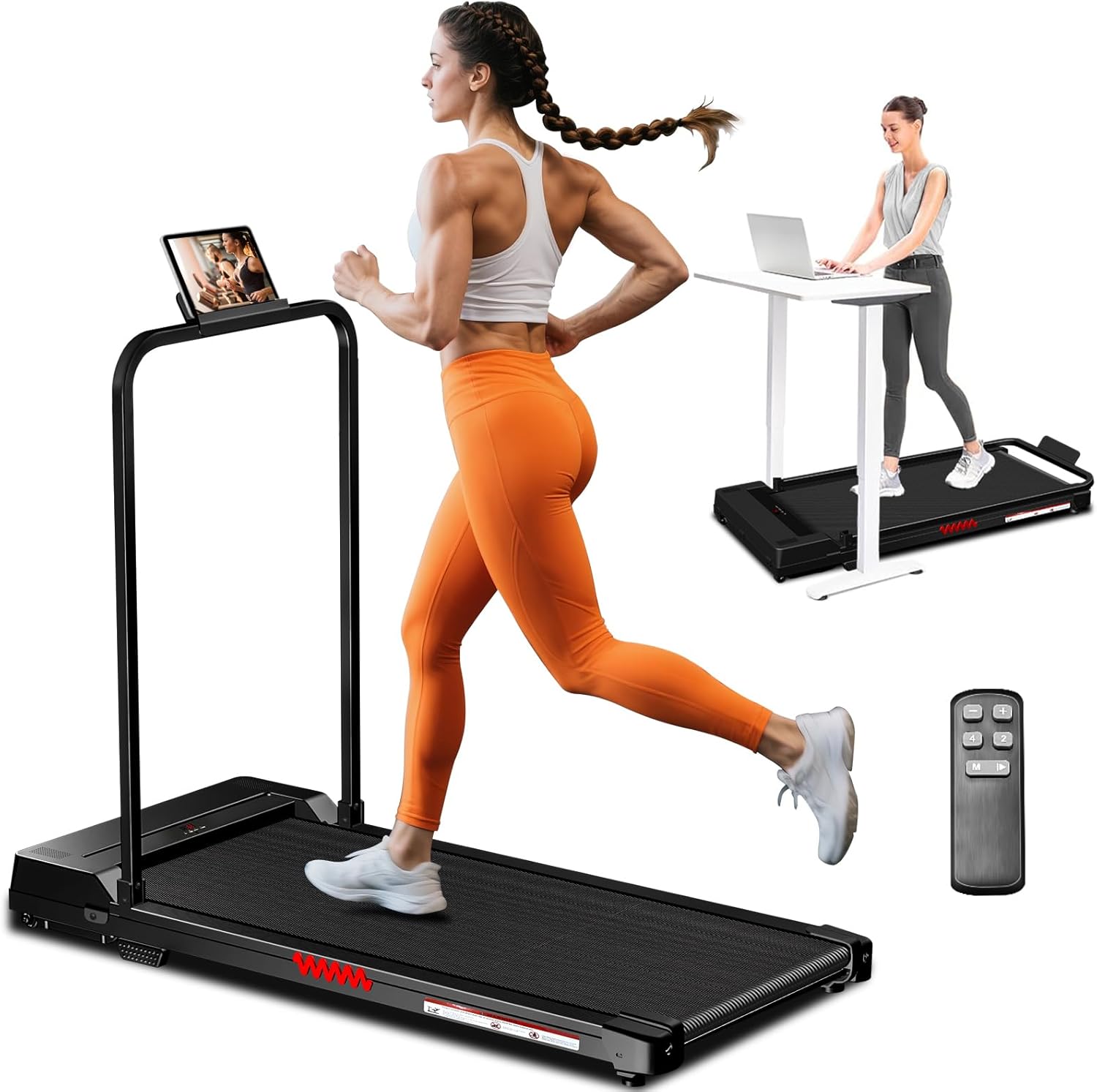 Walking Pad Treadmill, 3.0 HP Under Desk Treadmill, 3 in 1 Foldable Treadmills for Home, Walking Pad with Handle Bar for Walking and Jogging, with Remote Control & LED Touch Screen Black Red