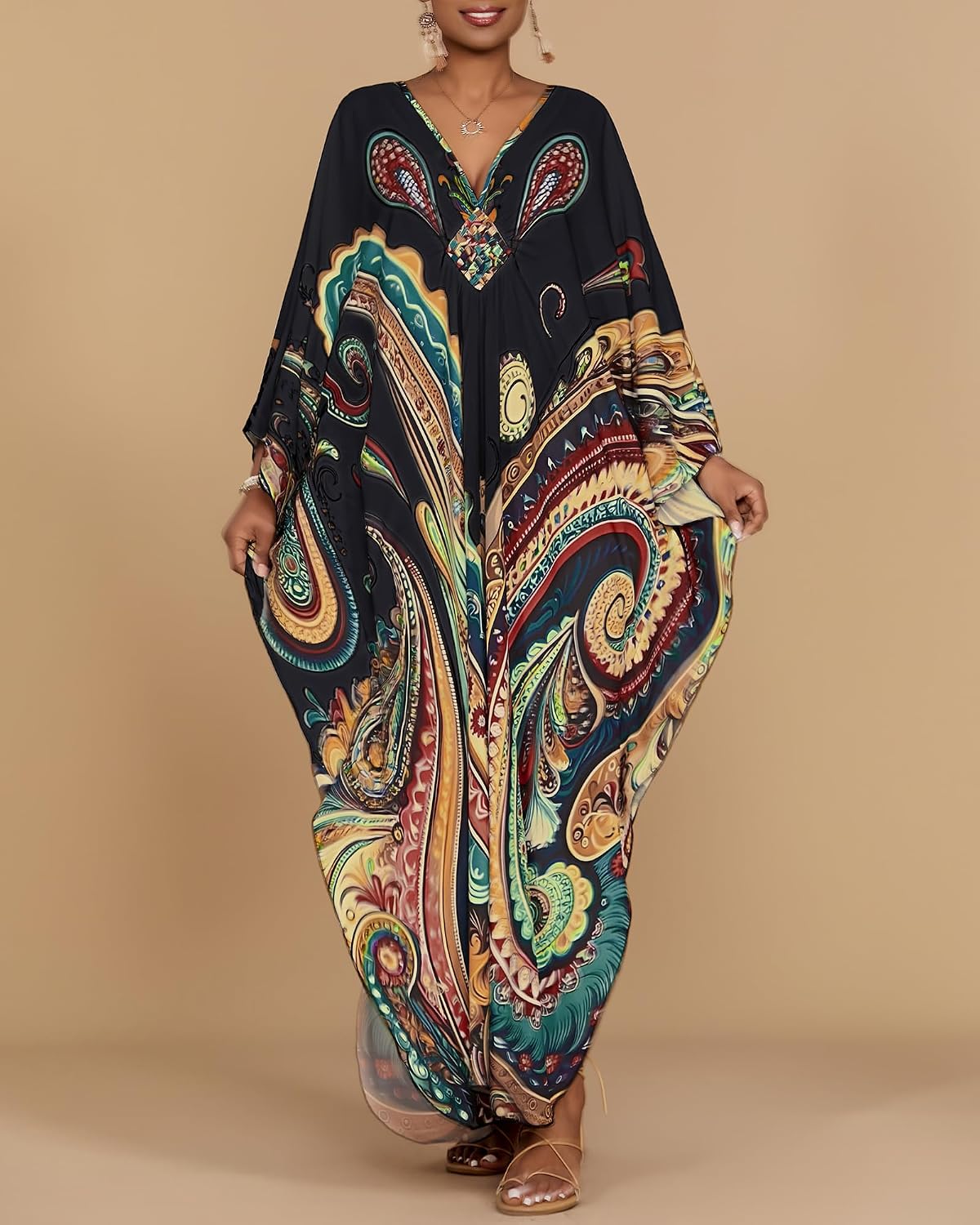 Bsubseach Kaftan Dresses for Women Ethnic Print Plus Size Beach Cover Ups Batwing Sleeve Caftans with Pockets thumbnail
