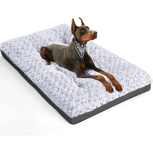 POCBLUE Deluxe Washable Dog Bed for Large Dogs Dog Crate Mat 35 Inch Comfy Fluffy Kennel Pad Anti-Slip for Dogs Up to 60 lbs, 35" x 23", Grey