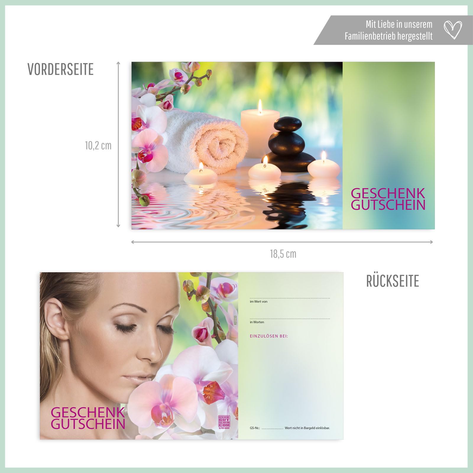 GESCHENKGUTSCHEINcom - 50 Gutscheine mit Umschlag/Schleife für Kosmetikinstitut Kosmetik Wellness - Geschenkgutschein-Vordruck blanko KS1233-2-50