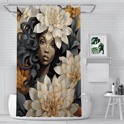 ANINDA Cortina de ducha con diseño de niña negra con flores, estilo realismo estilizado, juego de cortina de ducha de tela con 12 ganchos,