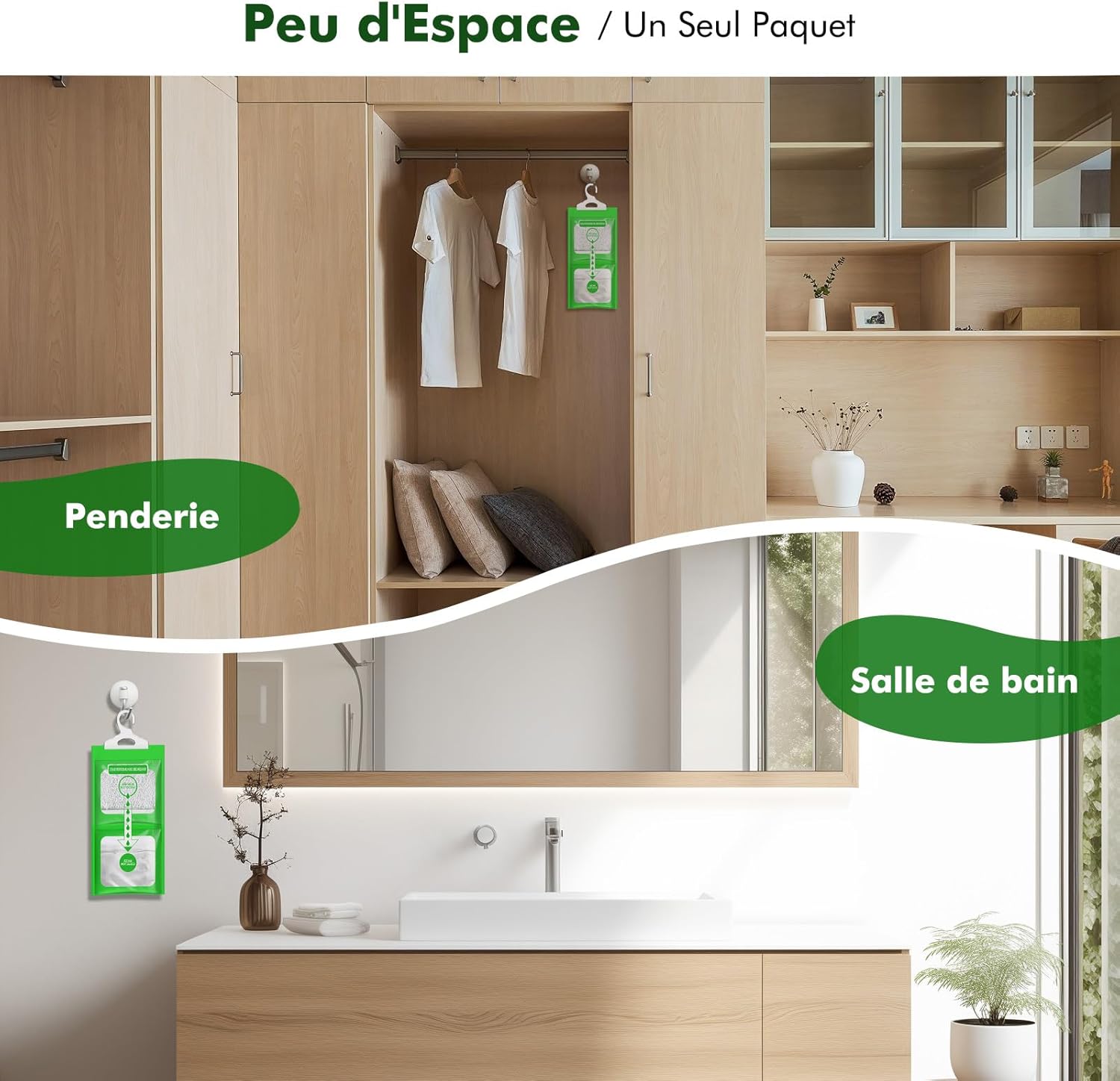 Dehumidifier bags in a wardrobe and a bathroom, labeled 'Small Space / One Packet'.