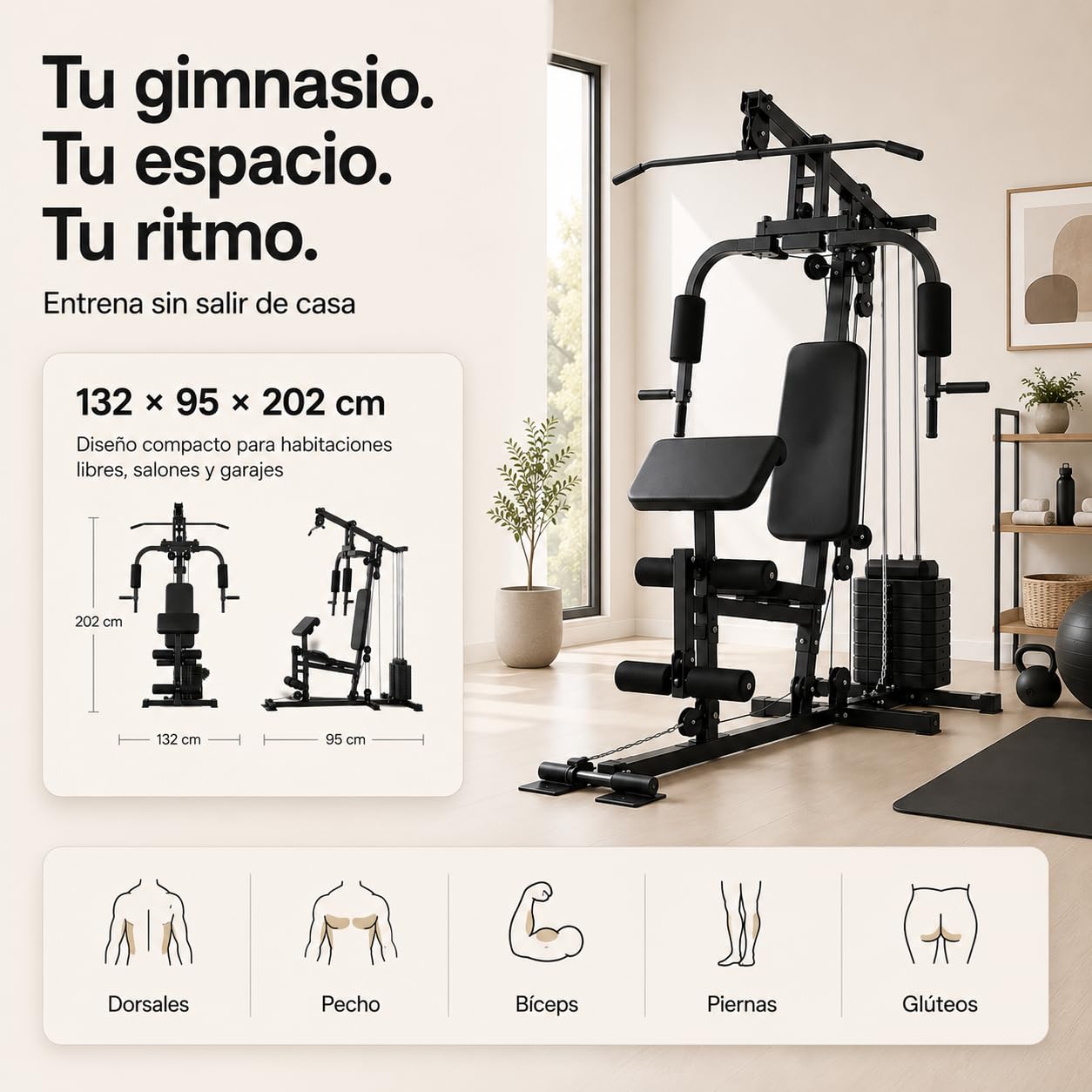 Estación musculación multifunción poleas 132 × 95 × 202 cm – Jalón Pecho, Press Pecho, PEC Fly, Curl bíceps predicador, extensión piernas, polea Baja, Gimnasio casa