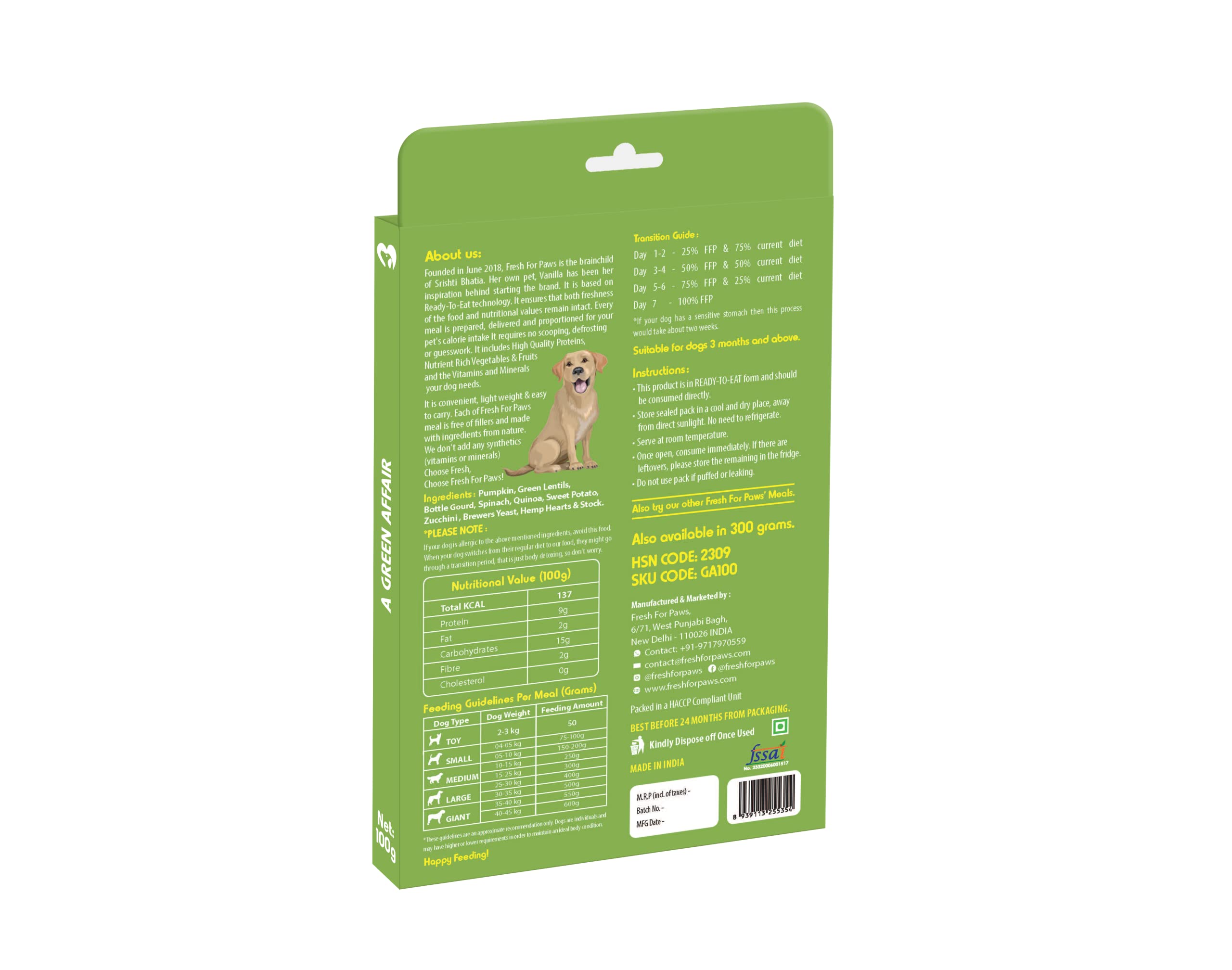 FRESH FOR PAWS 100% Natural and Human Grade A Green Affair Fresh Wet Dog Food Ready to Eat | Complete and Balanced Meals for Dogs with Healthy Fats and High Protein | All Breed | 300 Gram Pack of 3