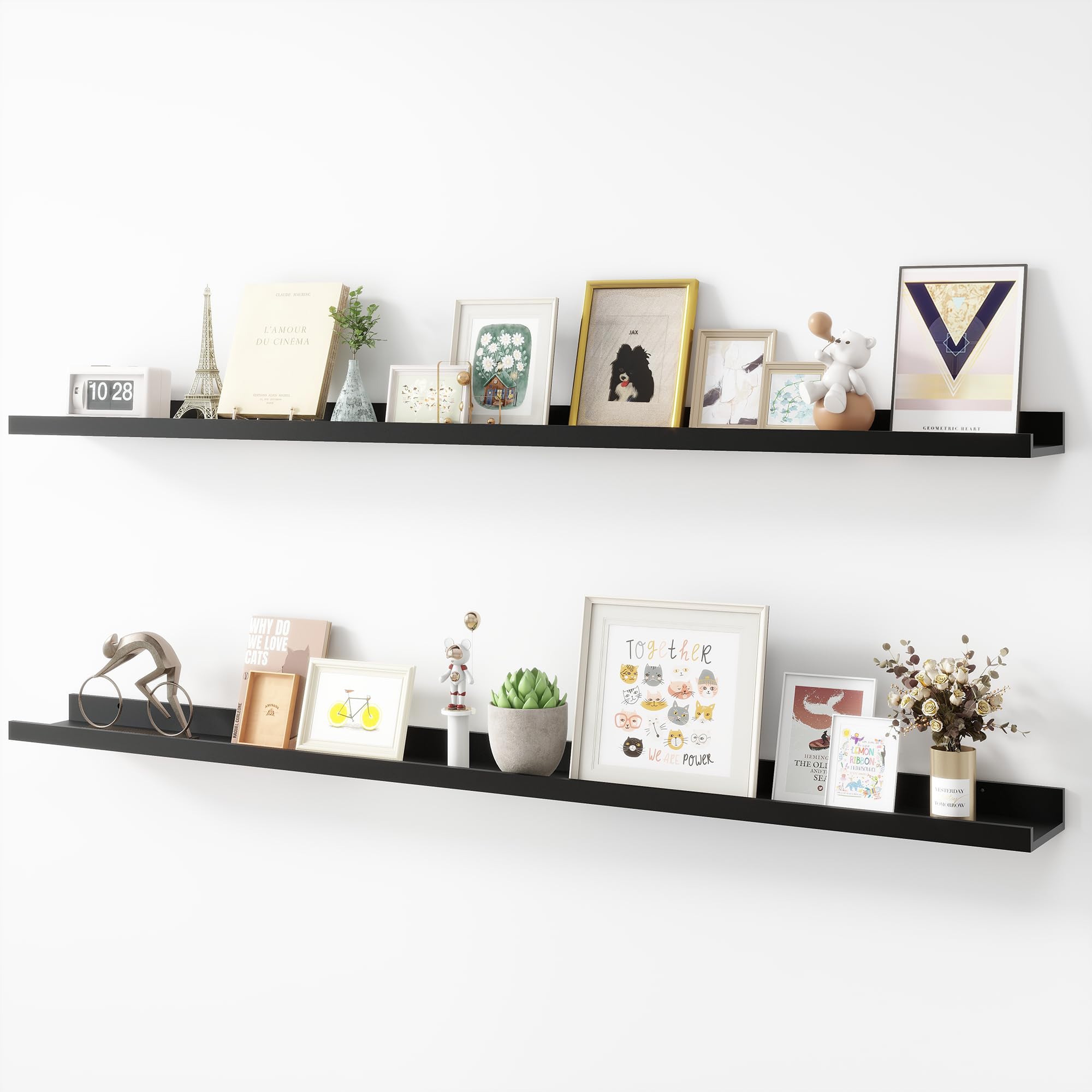 Acovy Picture Ledge Shelf, MDF Wood Floating Shelves Set of 2, Picture Ledge Photo Ledge Wall Mounted for Living Room Kids' Room Bedroom, Color Black (Black, 56")