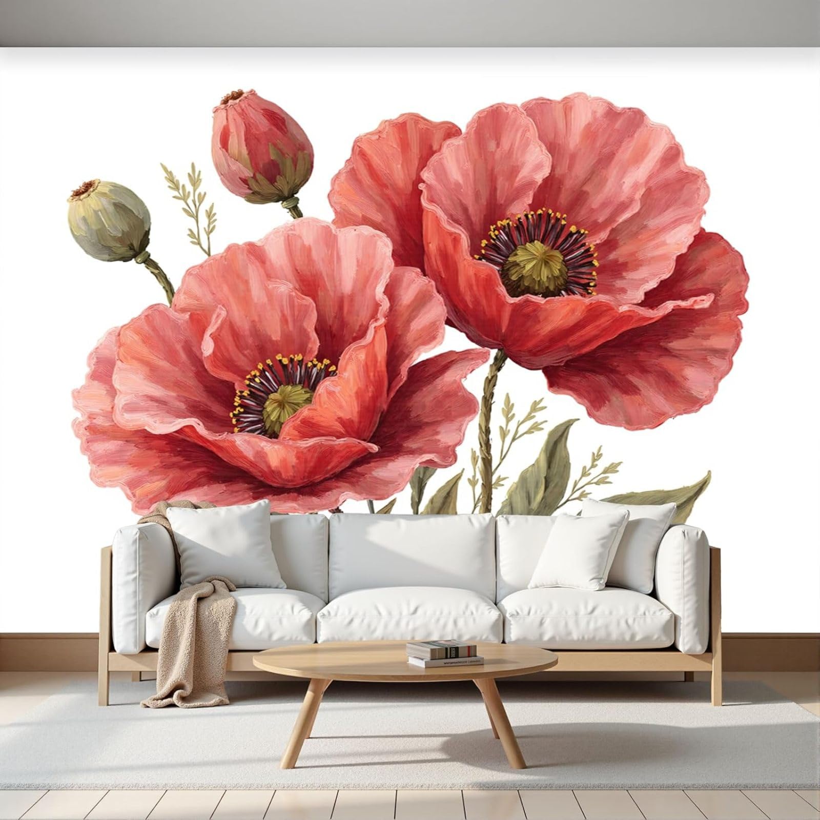 Non-woven photo wallpaper, simple poppy 3D effect, bedroom, living room, modern XXL wall motif wallpaper, 3D watercolor flower decoration, white, 300cm x 210cm, stickers - frameless painting - poster