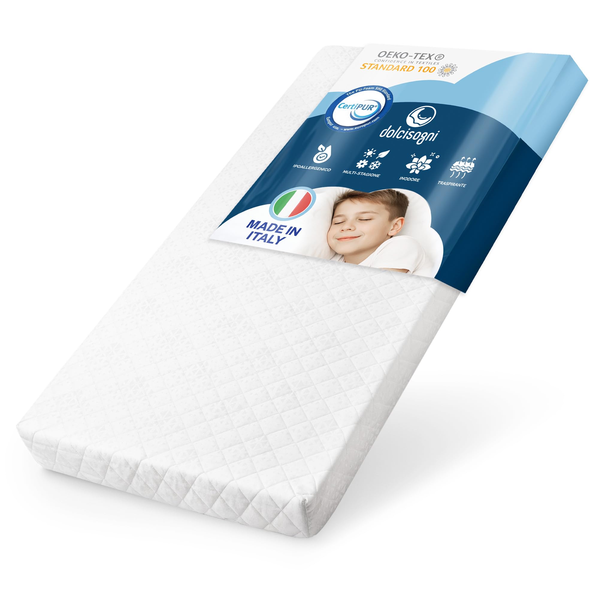 DOLCI SOGNI Materasso 90x190 Bambini - Materasso Singolo 90x190 - Alto 12cm, Schiuma Traspirante H2, Fodera Anallergica, Certificato Oeko Tex e CertiPur, Antiacaro, Resistente - Made in Italy