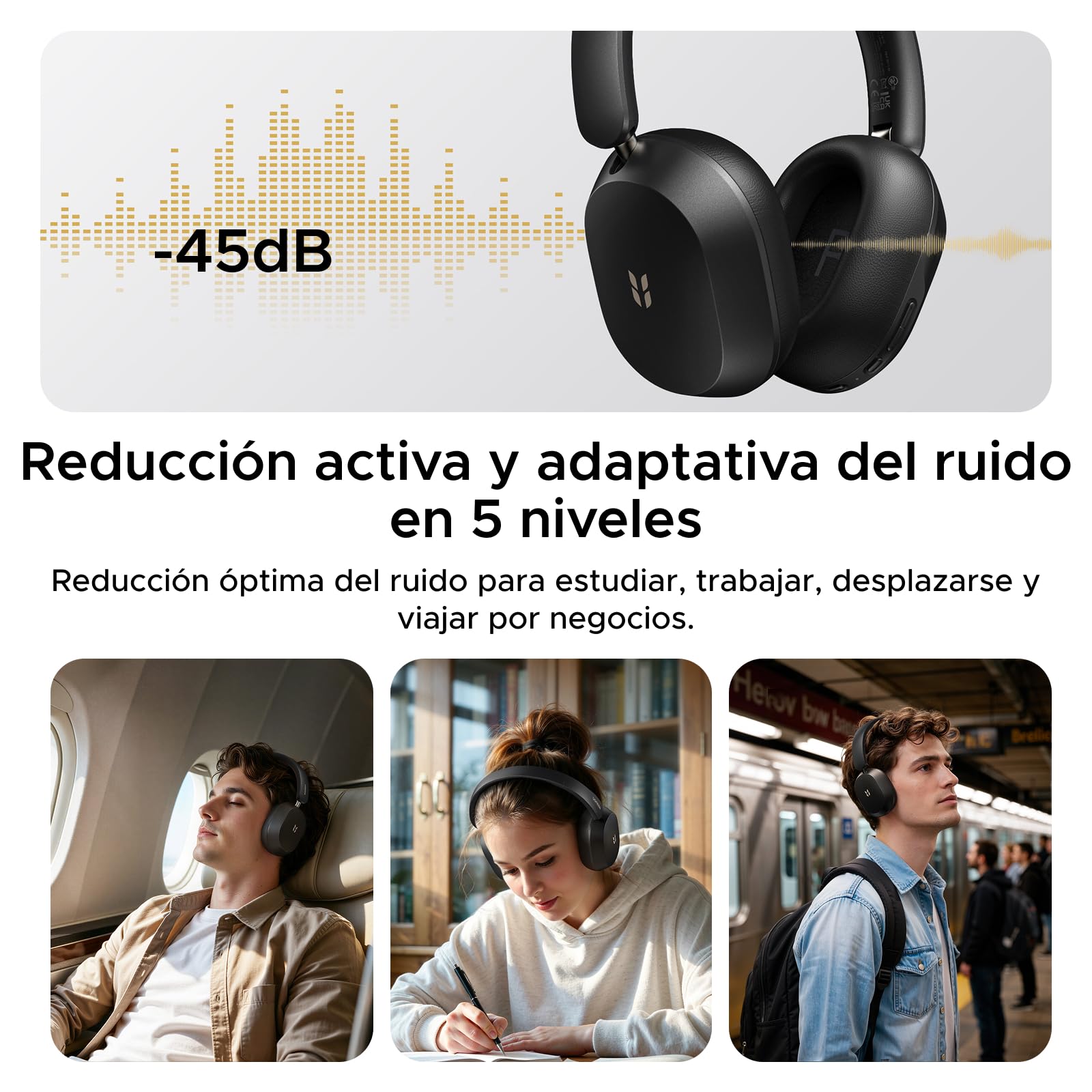 UGREEN HiTune MAX 5s Auriculares Inalambricos Bluetooth ANC 45dB Hi Res | Cascos Cancelación de Ruido Adaptativa 112 Horas 5 Micrófonos BT 6.0 Audio Espacial Aplicación Compatible Conexión Multipunto