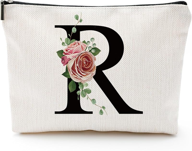 Necessaire de maquiagem Comanro com letra inicial personalizada, estampa floral e fechamento por zíper