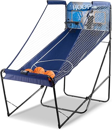 Hathaway Hoops Juego de arcade de baloncesto dual con puntuación digital electrónica y temporizador, fácil de plegar para almacenamiento, 7 bolas y