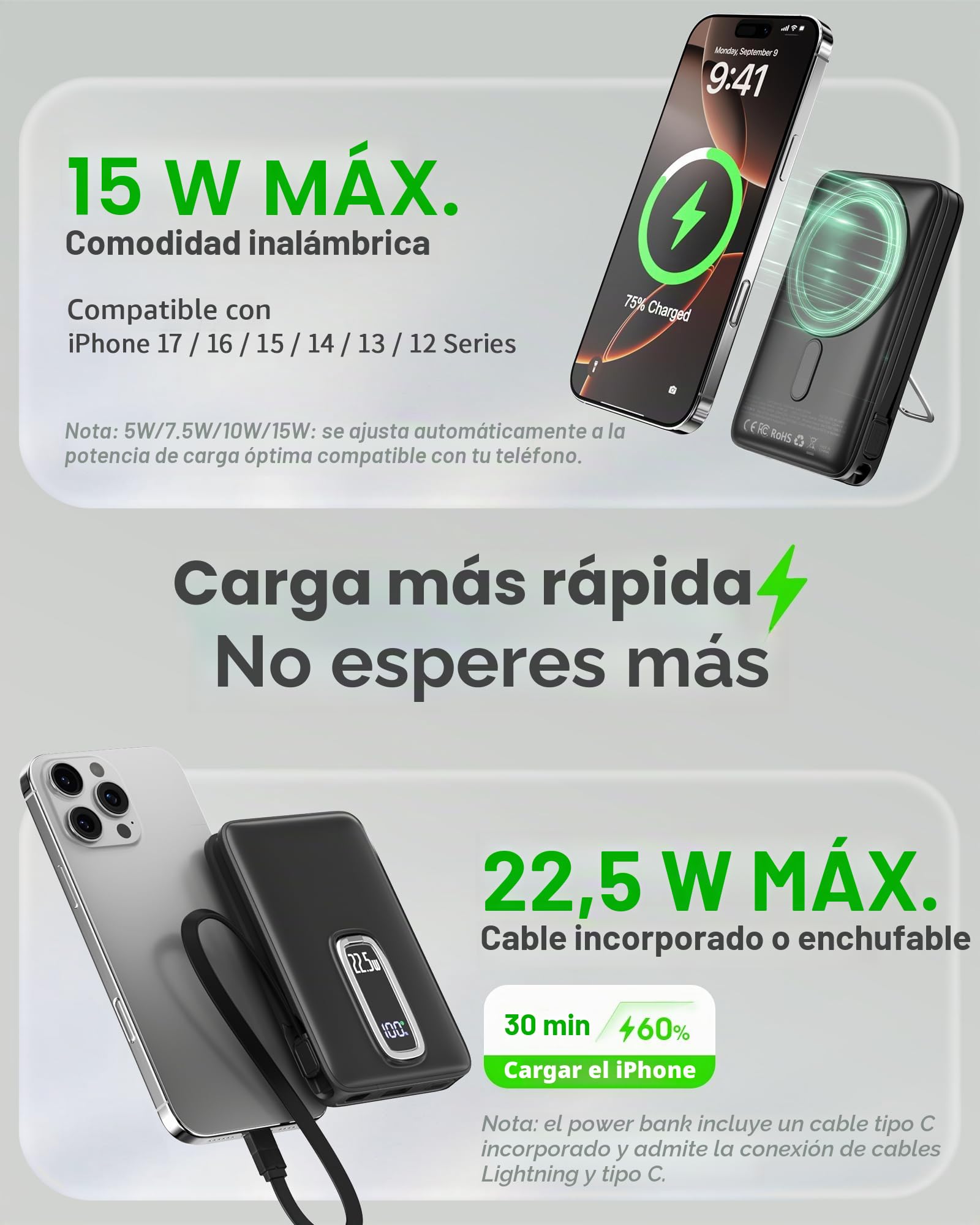 2026 para Magsafe Power Bank con Soporte, Magnética Batería Externa Carga Rapida 10000mAh con Cable USB-C Integrado, Inalámbrica Batería Portatil para iPhone 17 16 15 14 13 12, Rojo