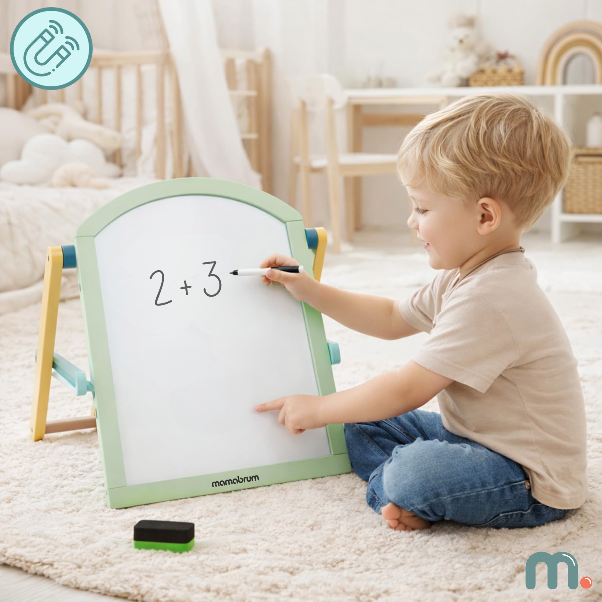 Mamabrum Doppelseitige Kinder Holztafel 2in1 Magnettafel Kreidetafel mit Ständer klappbar Lerntafel mit Zubehör zum Schreiben Malen für Kinder ab 3 Jahren