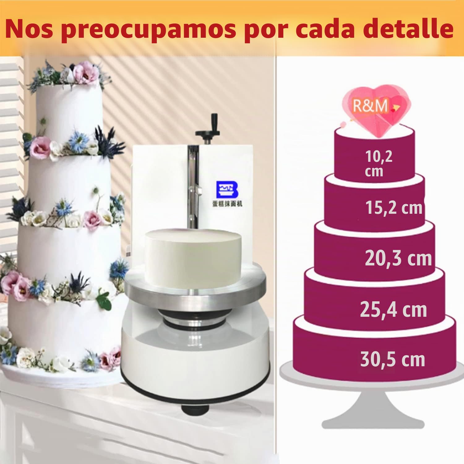 Máquina Semiautomática Formación Hielo para Tartas Cumpleaños, Nivelador Tartas, Esparcidor Decoración Crema, Máquina Alisadora, Raspador Tartas Ajustable 4 A 12 Pulgadas