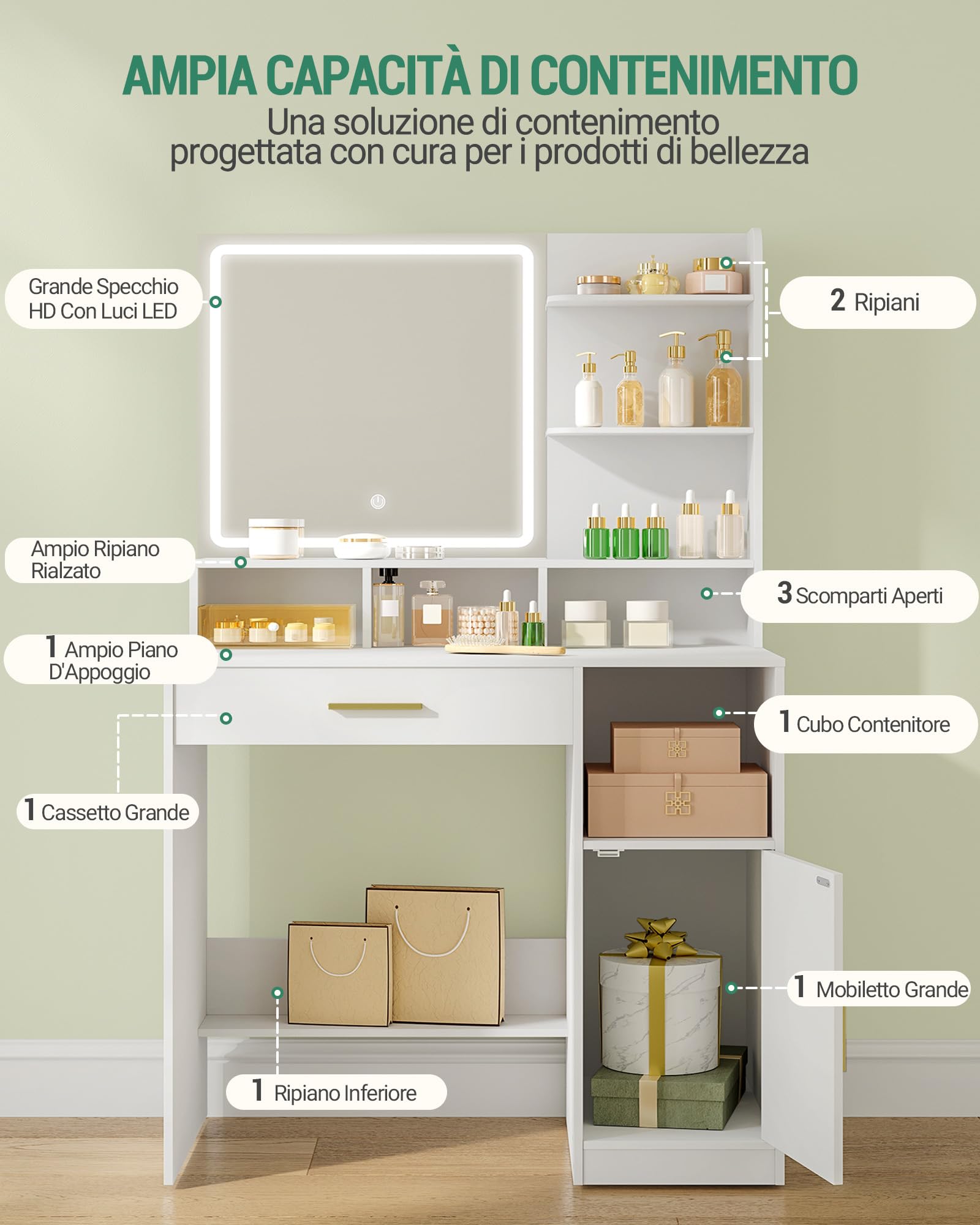 Hzuaneri Toeletta da Trucco, Luminosità Regolabile,Tavolo da Trucco con Specchio Grande, ampio cassetto e armadietto, Durevole e stabile, Moderno, Bianco DT42103XEU