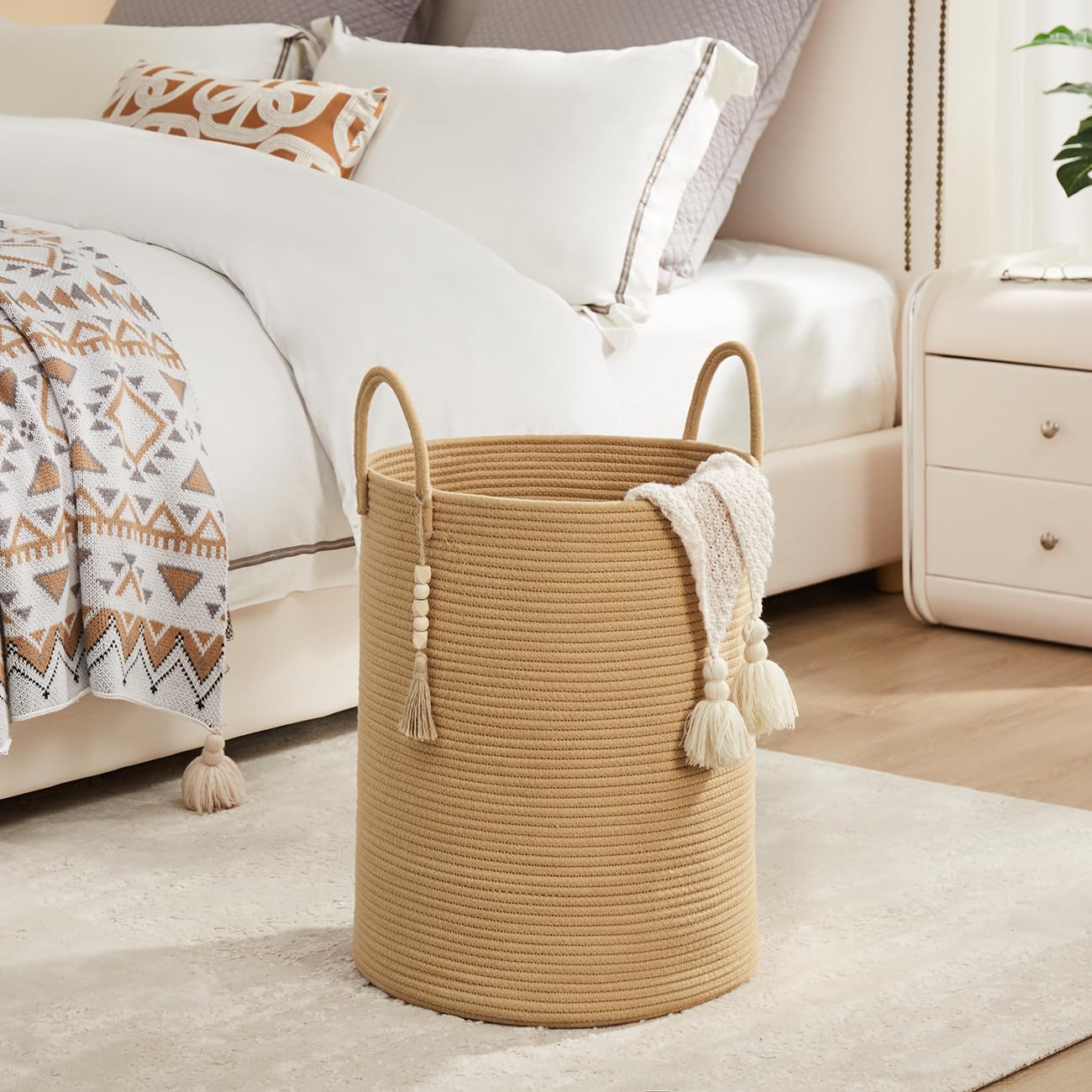 YOUDENOVA Cotton Rope Basket Large Blanket Basket Woven Storage Basket Toy Storage Organiser Nursery Decor Laundry Hamper with Handle 58L (Pure brown - Image 3