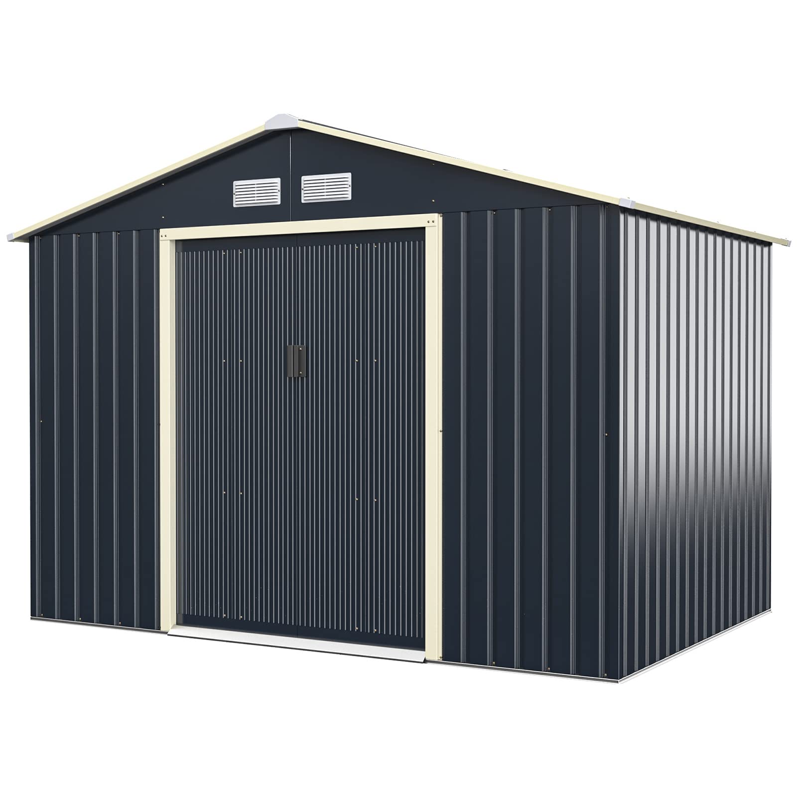COSTWAY metalowa szopa na narzędzia, 277 x 191 x 202 cm, zamykana, domek ogrodowy z 4 otworami wentylacyjnymi i drzwiami przesuwnymi, szopa ogrodowa na kosiarki, rowery, narzędzia